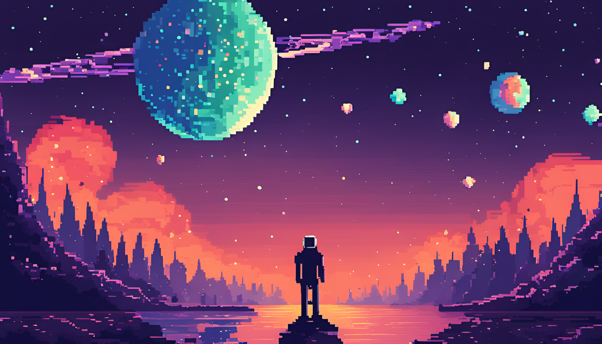 Pixel art galaxy desktop wallpaper.