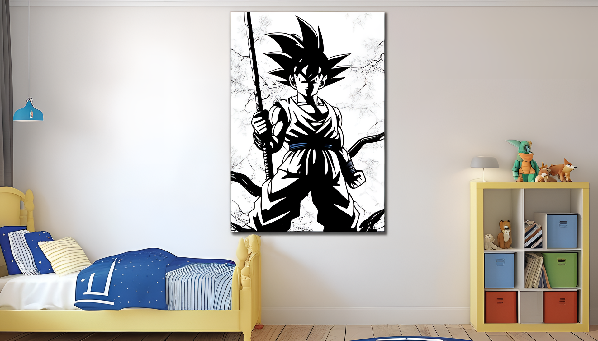 Powerful Goku flying against a vibrant backdrop with a determined expression.