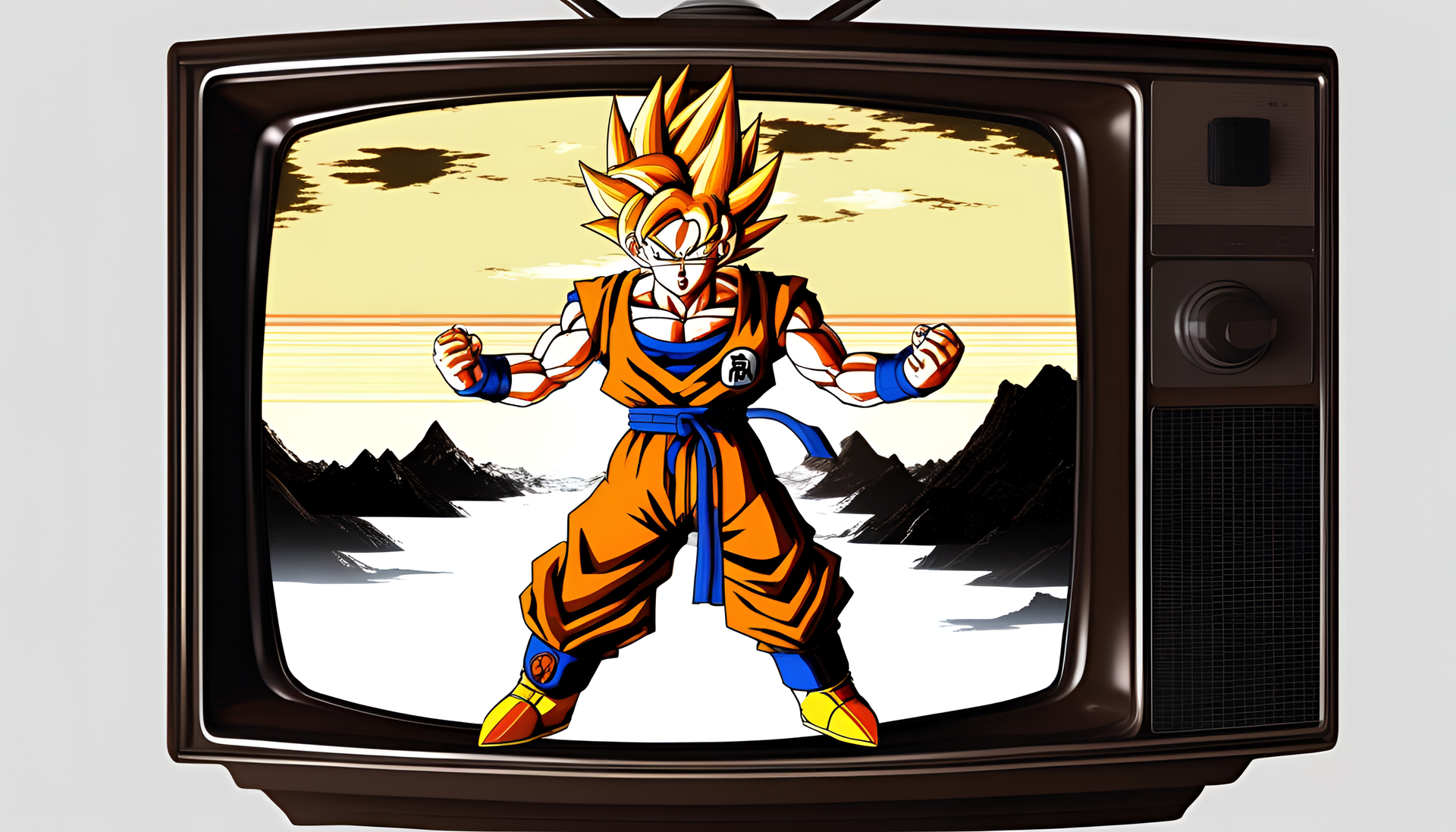 Goku amidst a glitched old TV screen.