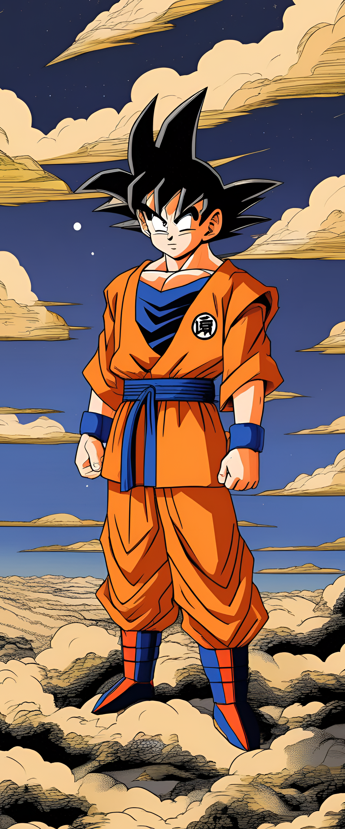 Goku, a powerful warrior with spiky hair, charges up an energetic attack.