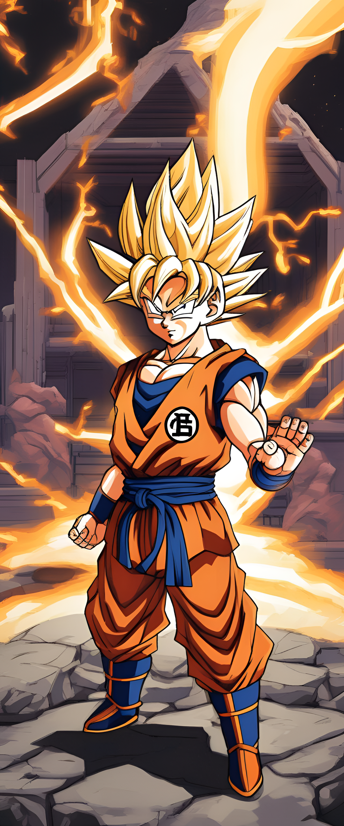 Colorful RPG-themed Goku wallpaper with dynamic energy aura and intense battle stance.