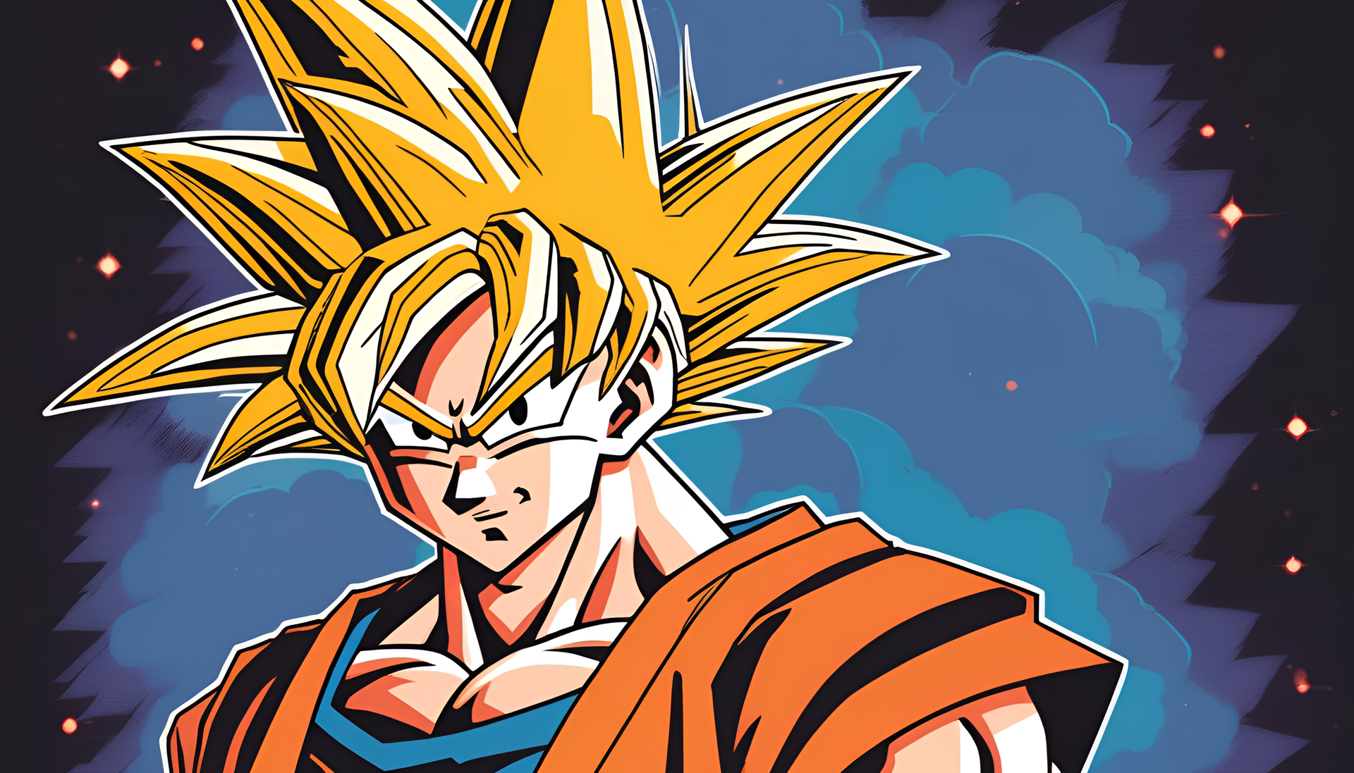 Powerful Goku surrounded by vibrant colors and retro design.