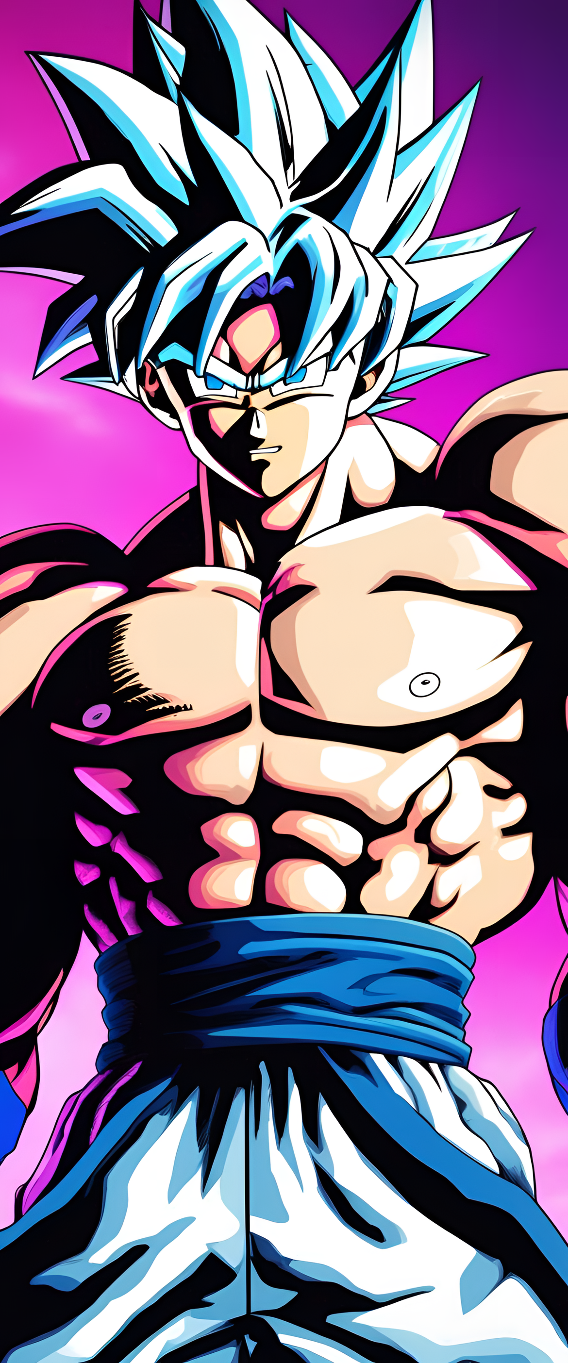 Goku Ultra Instinct in vibrant vaporwave style against studio lighting backdrop.