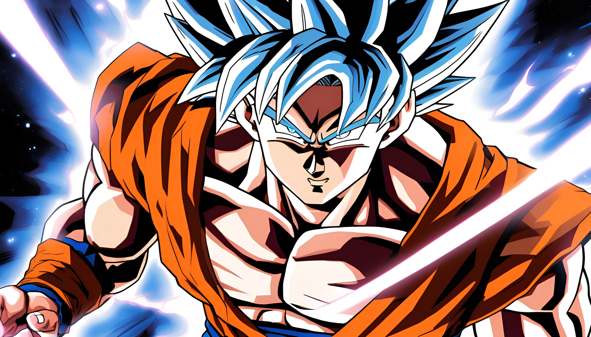 Goku unleashes his ultra instinct powers with intense focus.