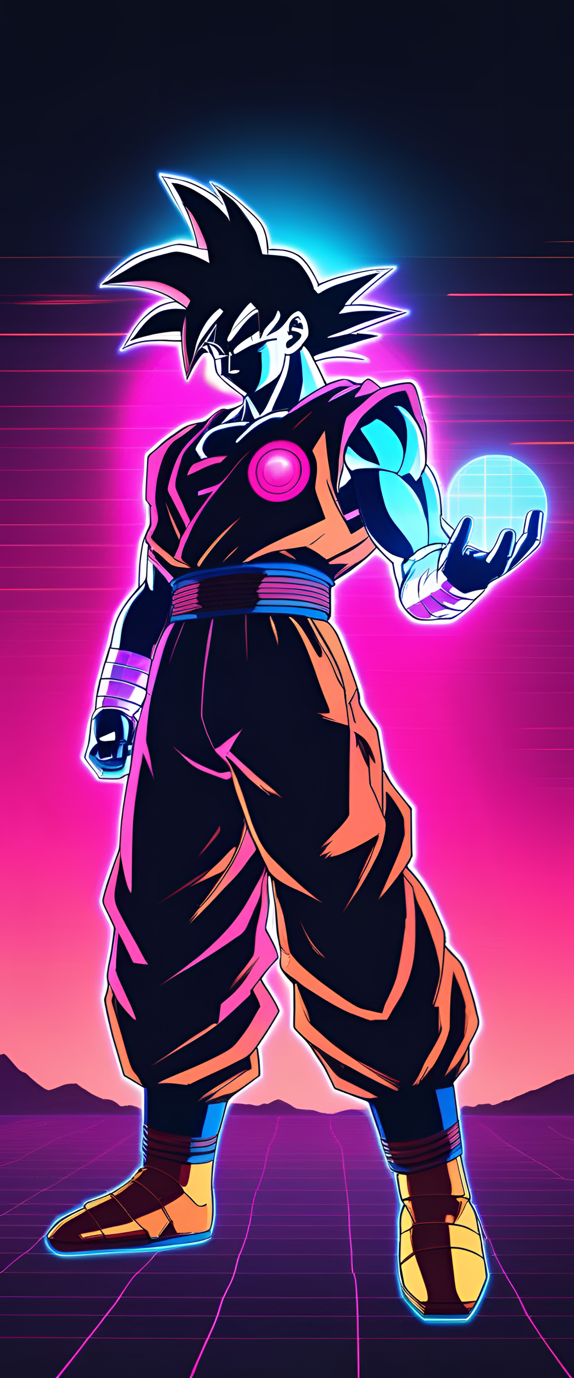 Retrowave-inspired wallpaper of Goku in a matte style.