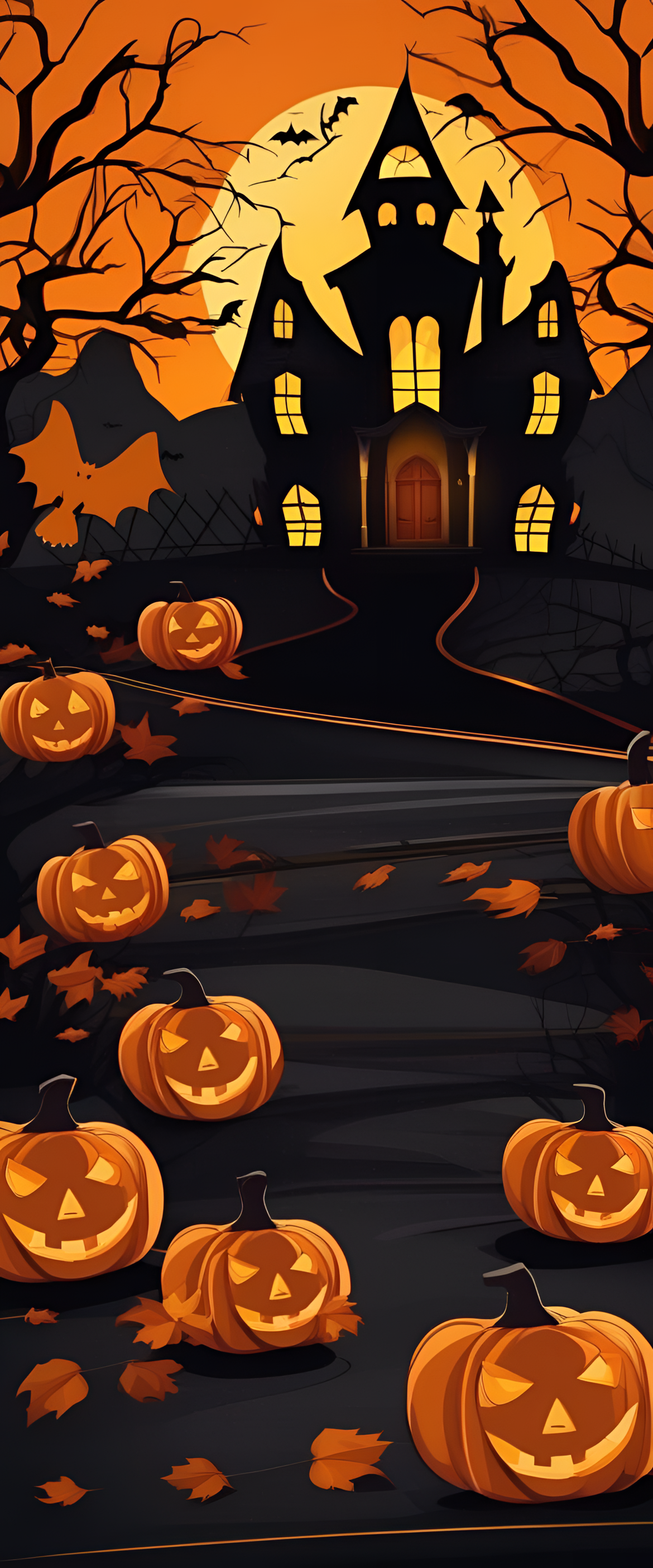 Halloween-themed phone wallpaper with spooky elements and vibrant colors.