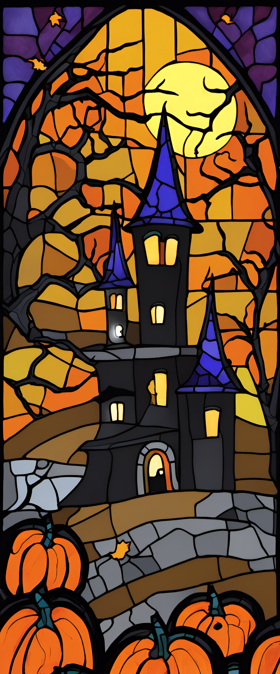 Halloween-themed stained glass artwork with naive art style.