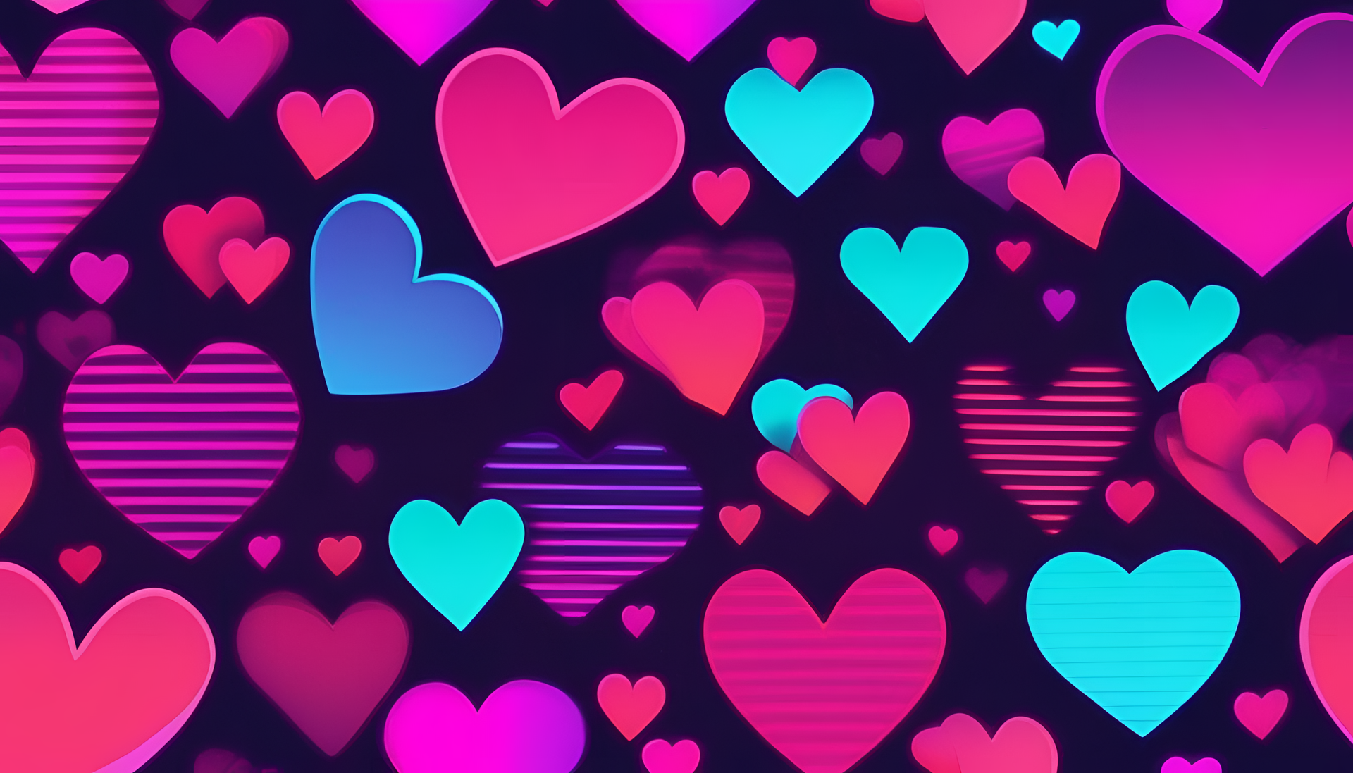 Colorful retro heart shapes on a dark background.