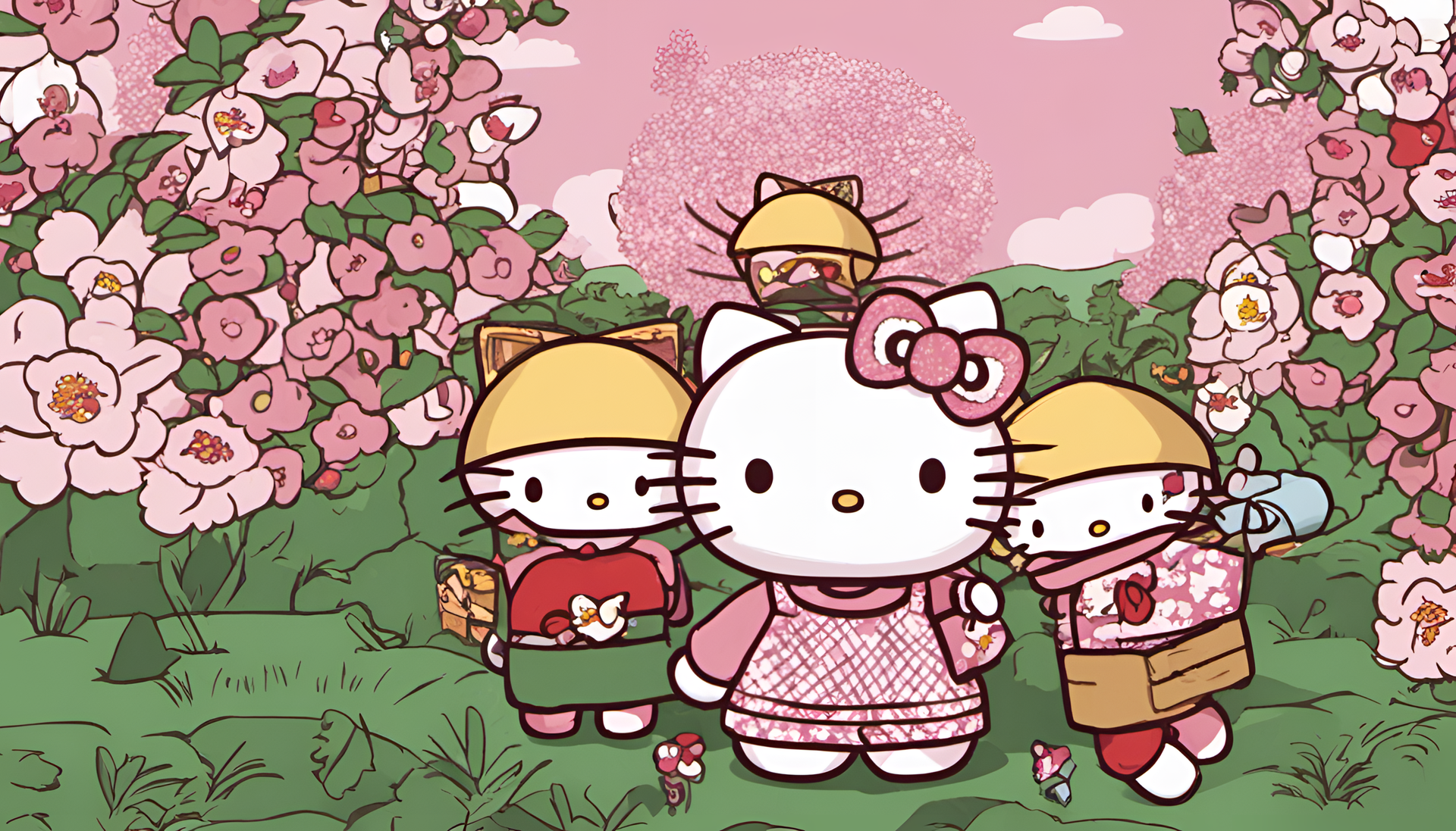 Hello Kitty, a popular character with a white face, pink bow, and black eyes, surrounded by cute hearts.