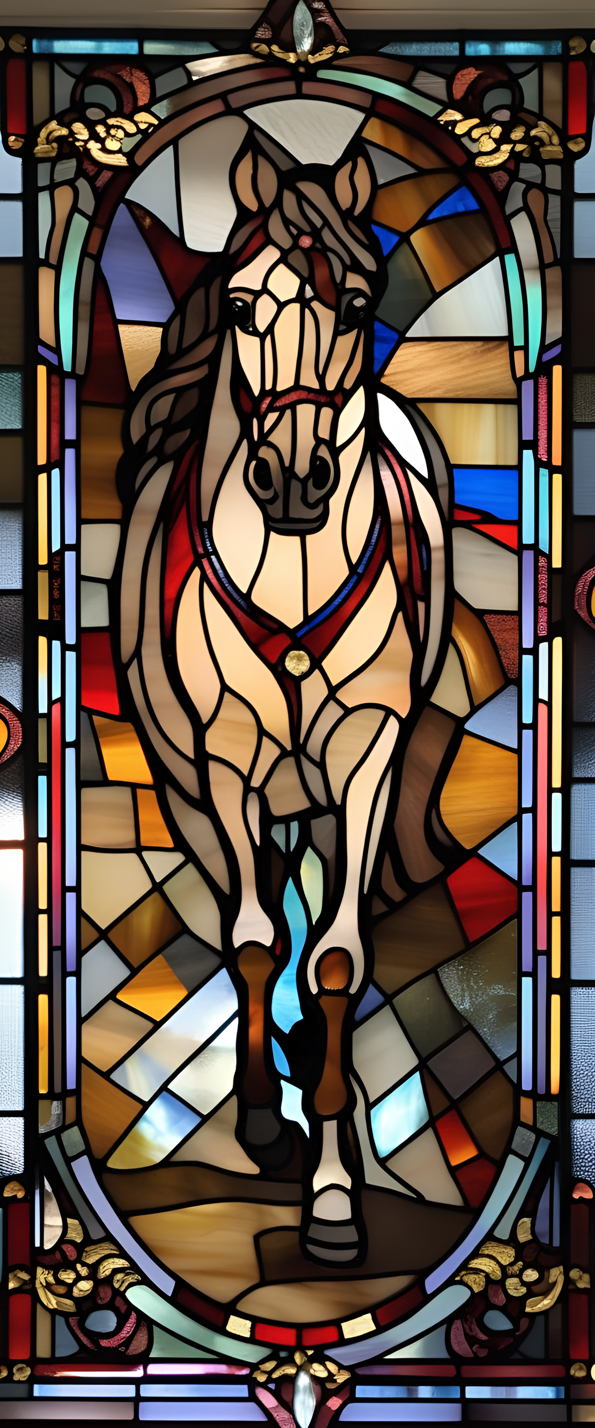 A vibrant stained glass artwork of a majestic horse.