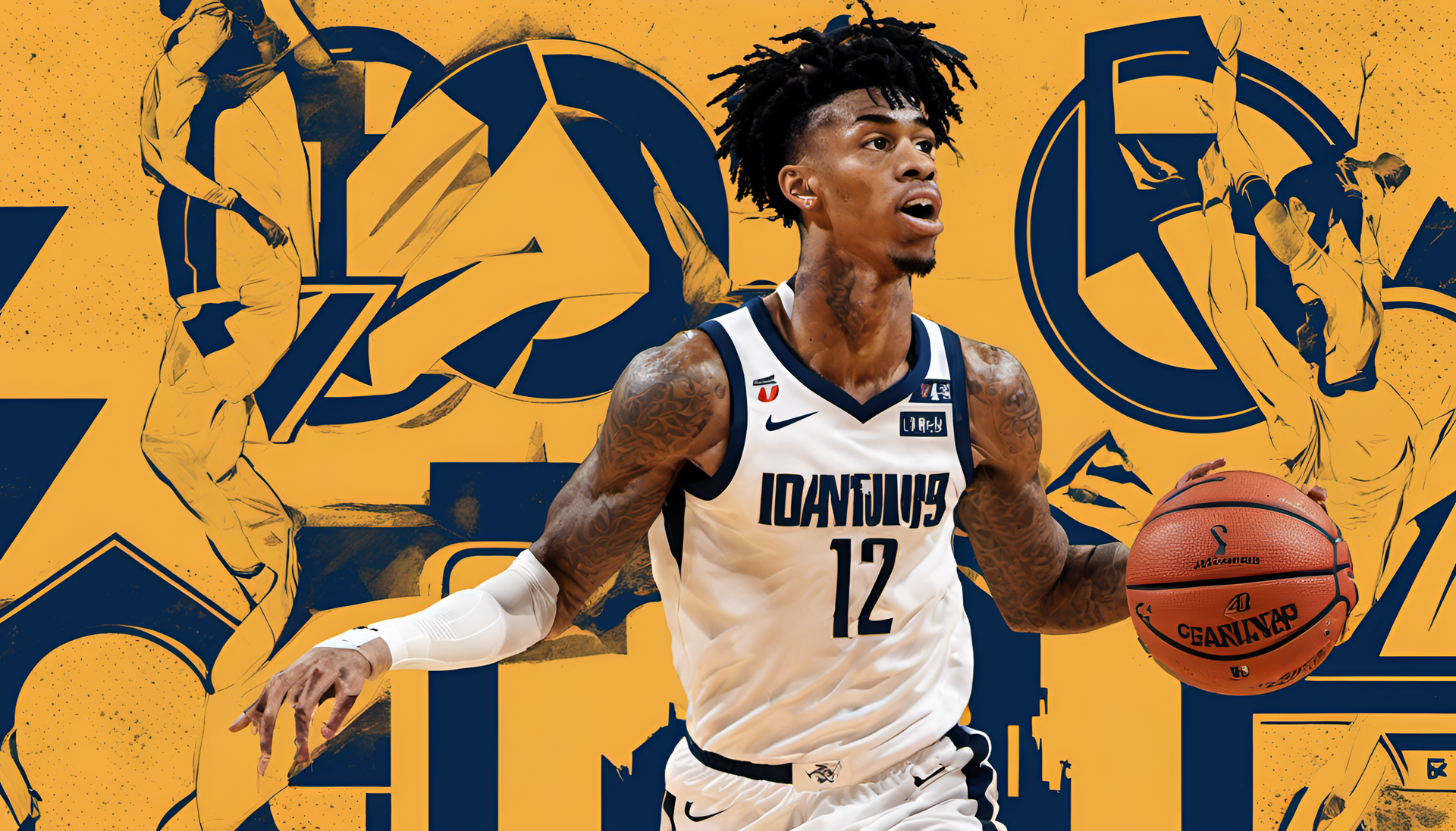 Ja Morant in action on a colorful background.