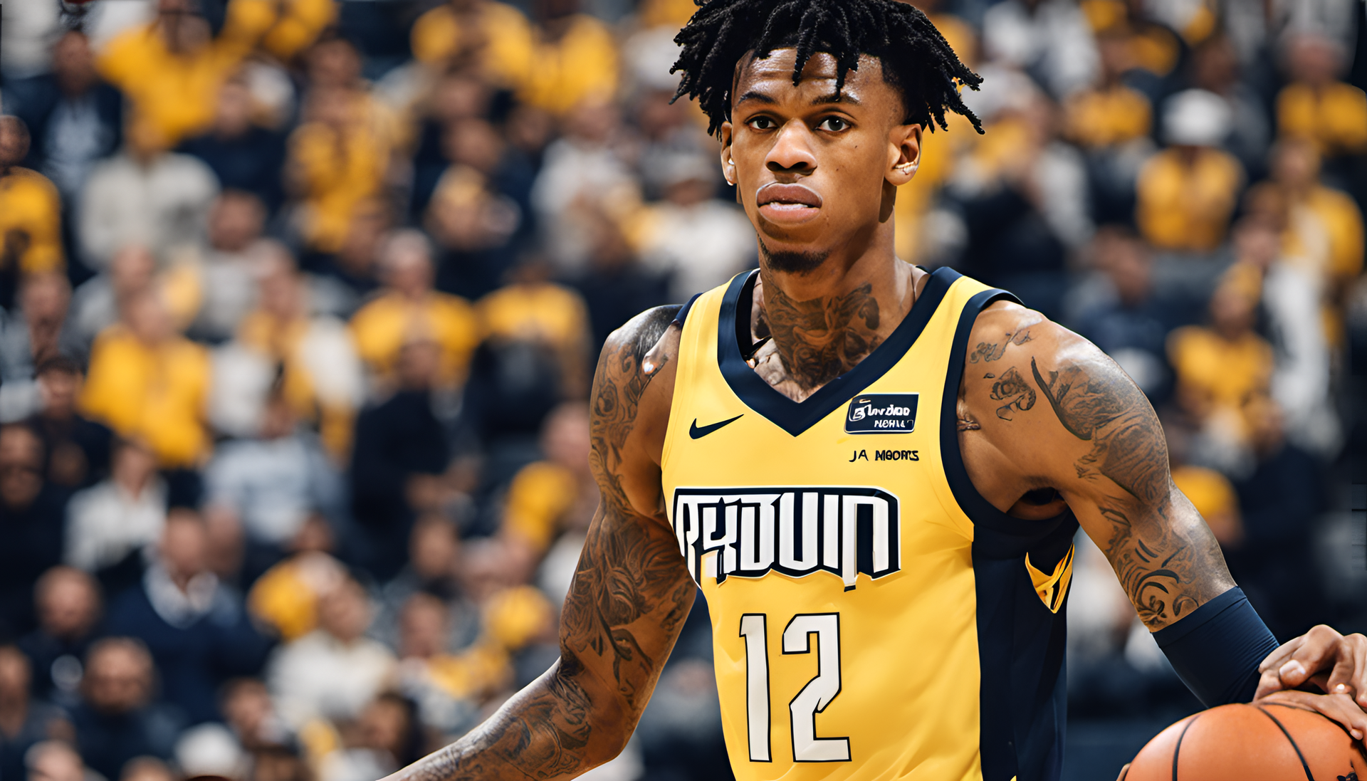 Moody portrait of Ja Morant in a basketball jersey against a dark backdrop.