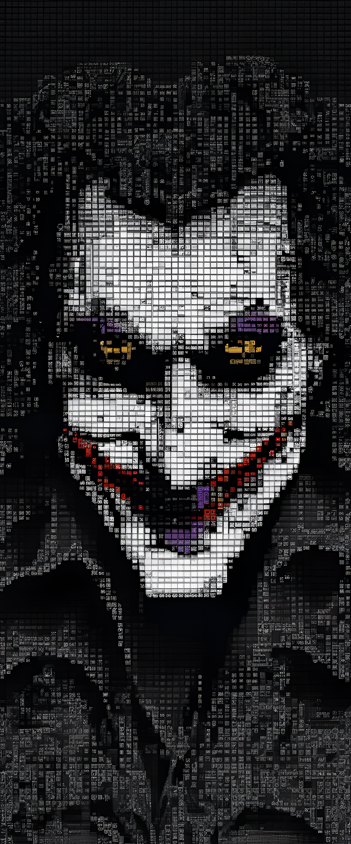 Intricate ASCII art Joker wallpaper for a phone.