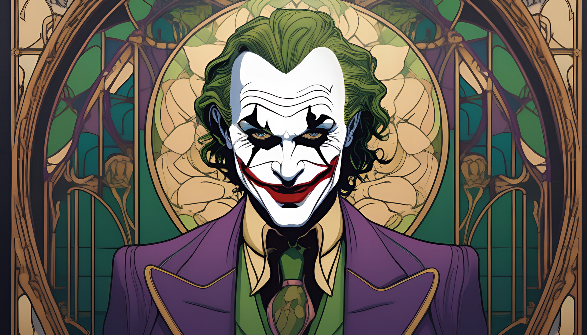 Vibrant Art Nouveau Joker portrait with striking colors and intricate details.