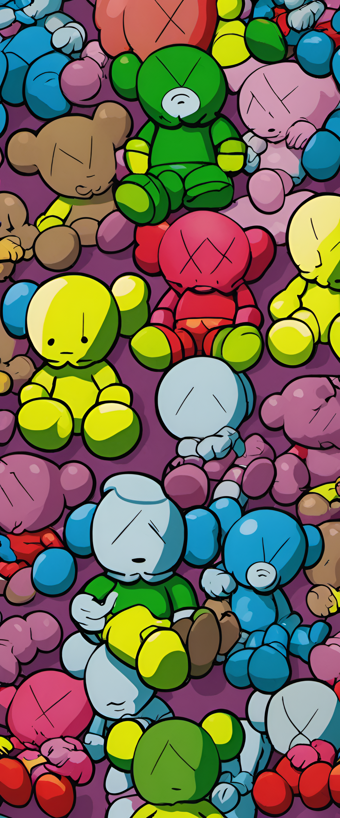 Abstract artwork featuring Kaws-inspired design with vibrant colors and distinct shapes.