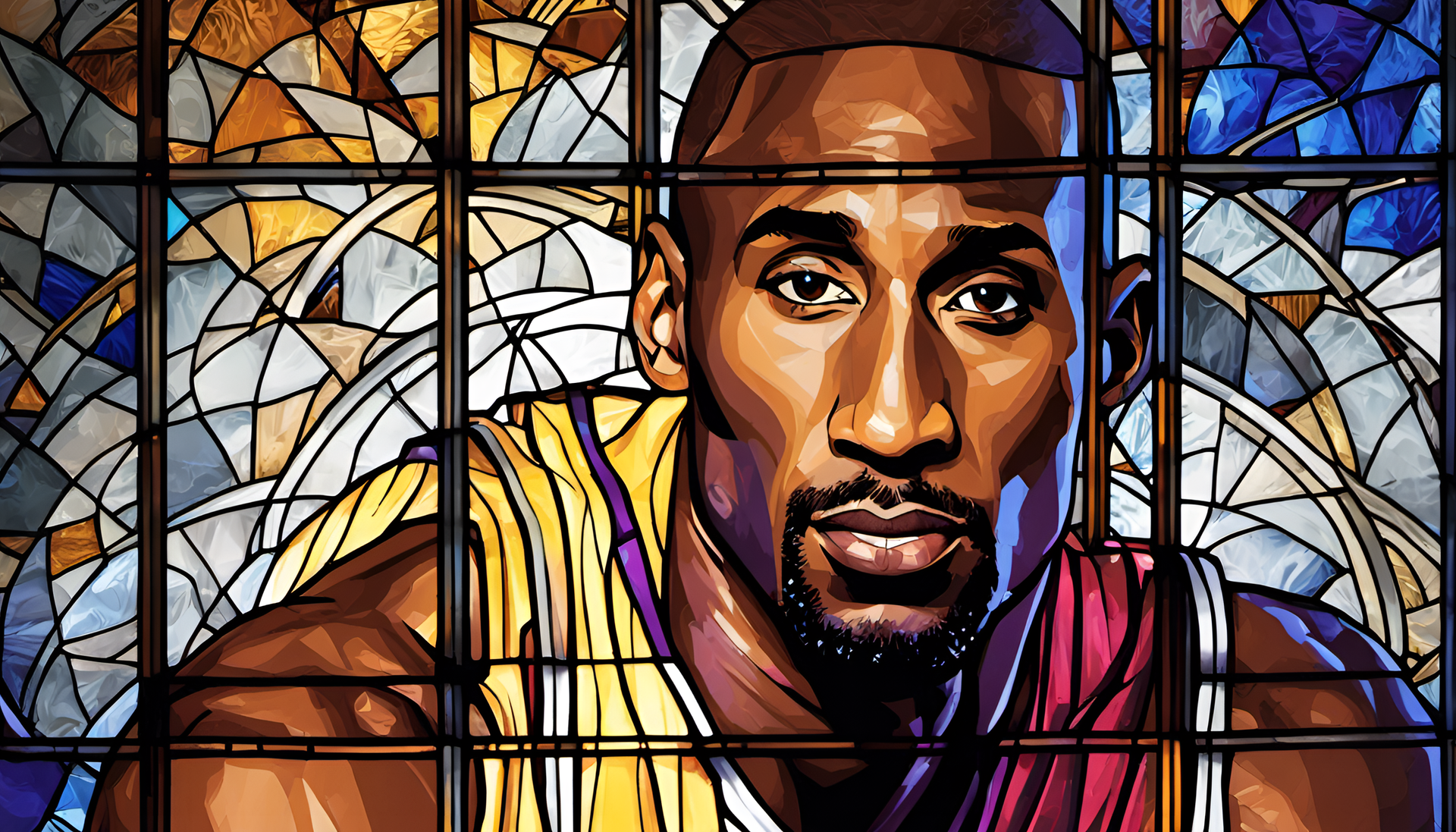 Stained glass Kobe Bryant design with studio lighting.