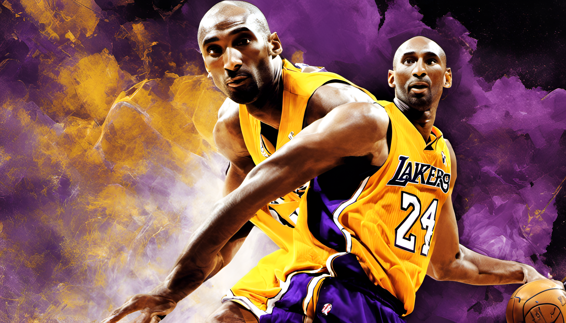 Kobe Bryant soaring in a basketball court, donning a fierce determination and focus.