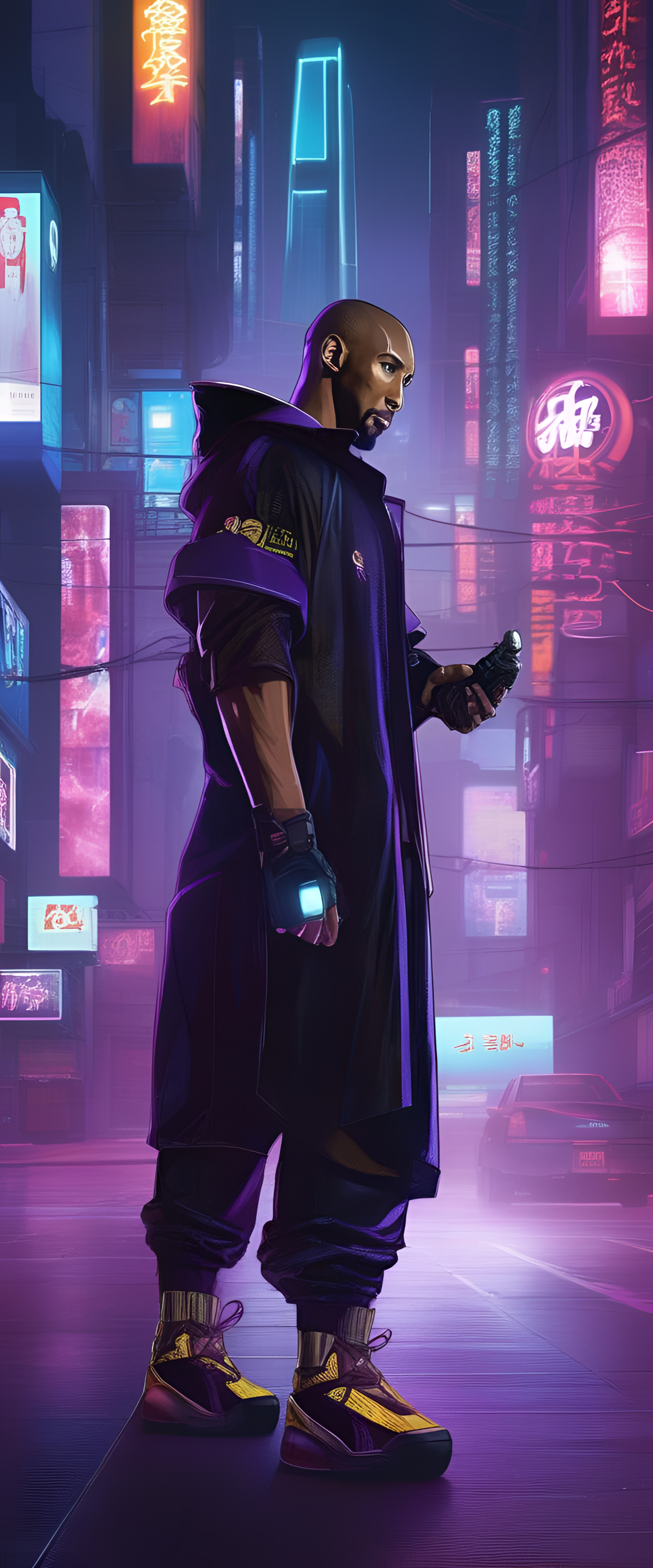 Cyberpunk Kobe basketball player in neon lights.