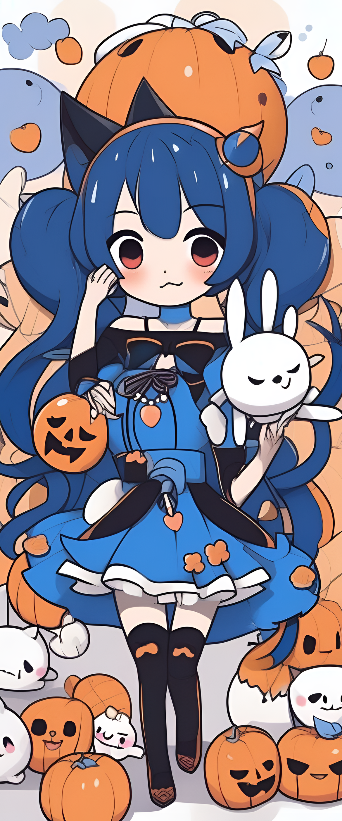 Kuromi character with blue and orange colors on a phone wallpaper.