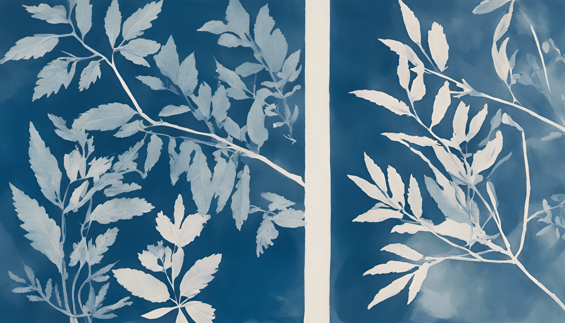 Cyanotype-inspired light blue background with abstract patterns.