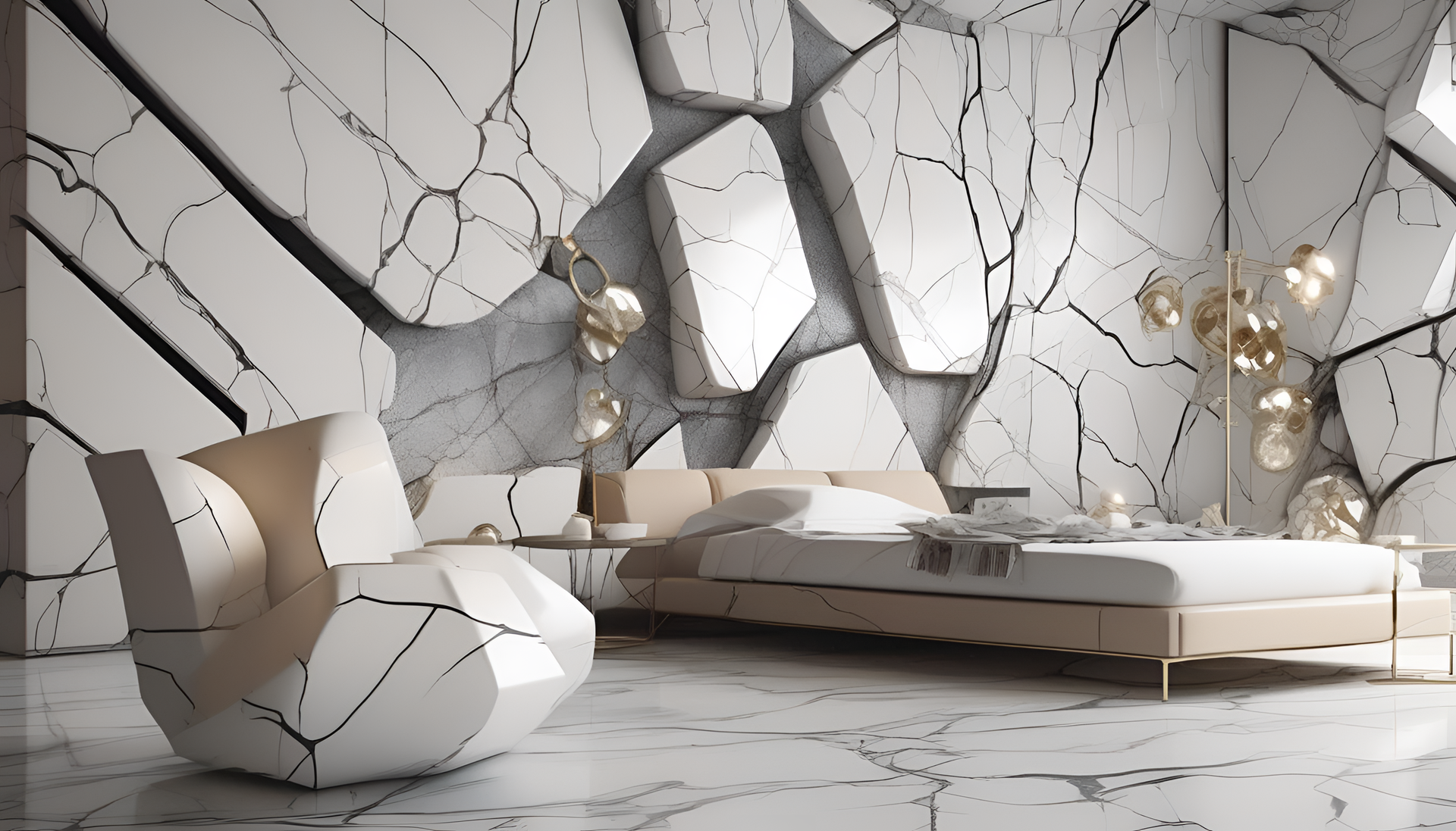 Cracked robotic sculpture amidst deconstructive marble wallpaper.