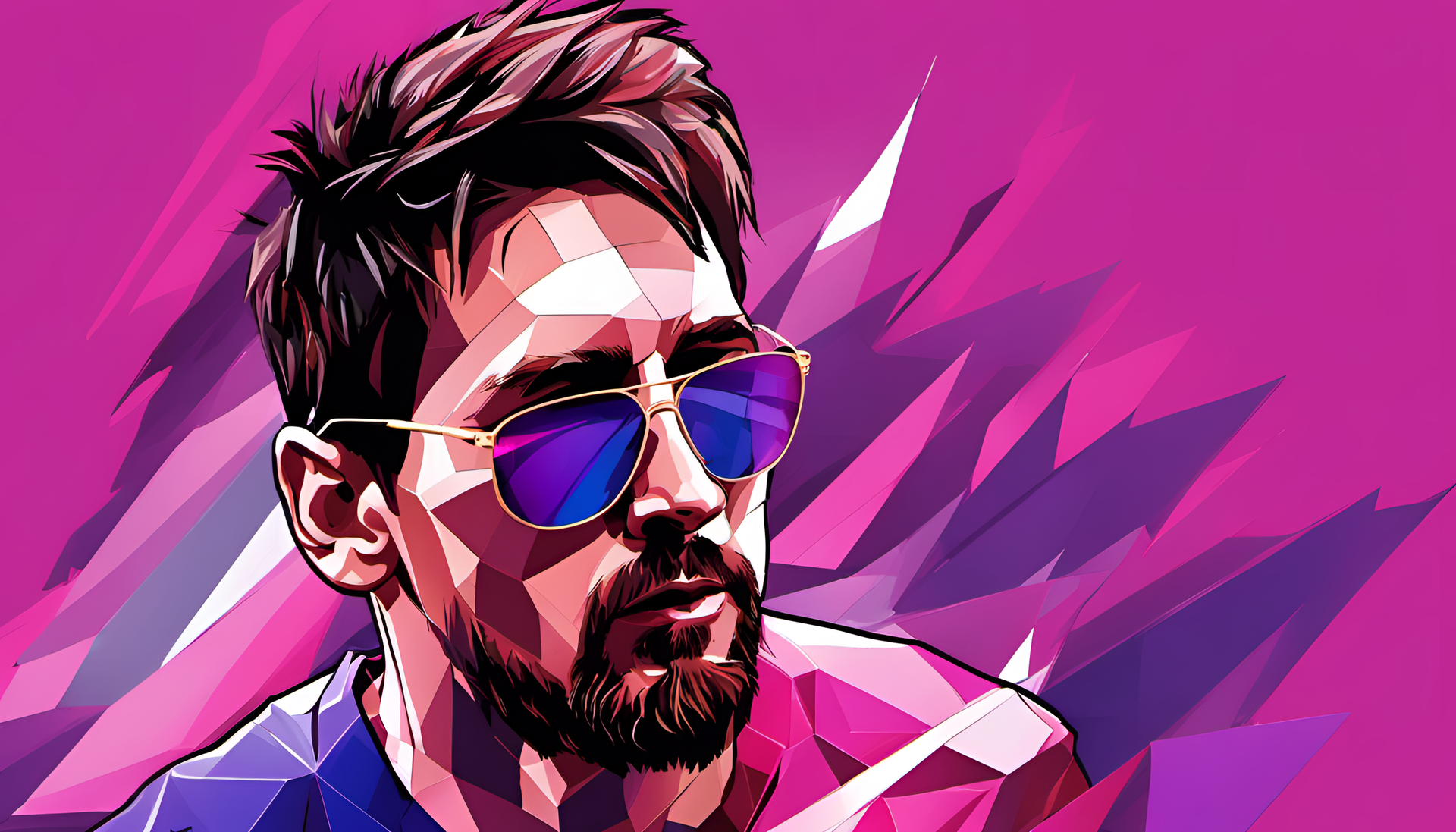 Lionel Messi wearing cool sunglasses against a pink and purple backdrop.