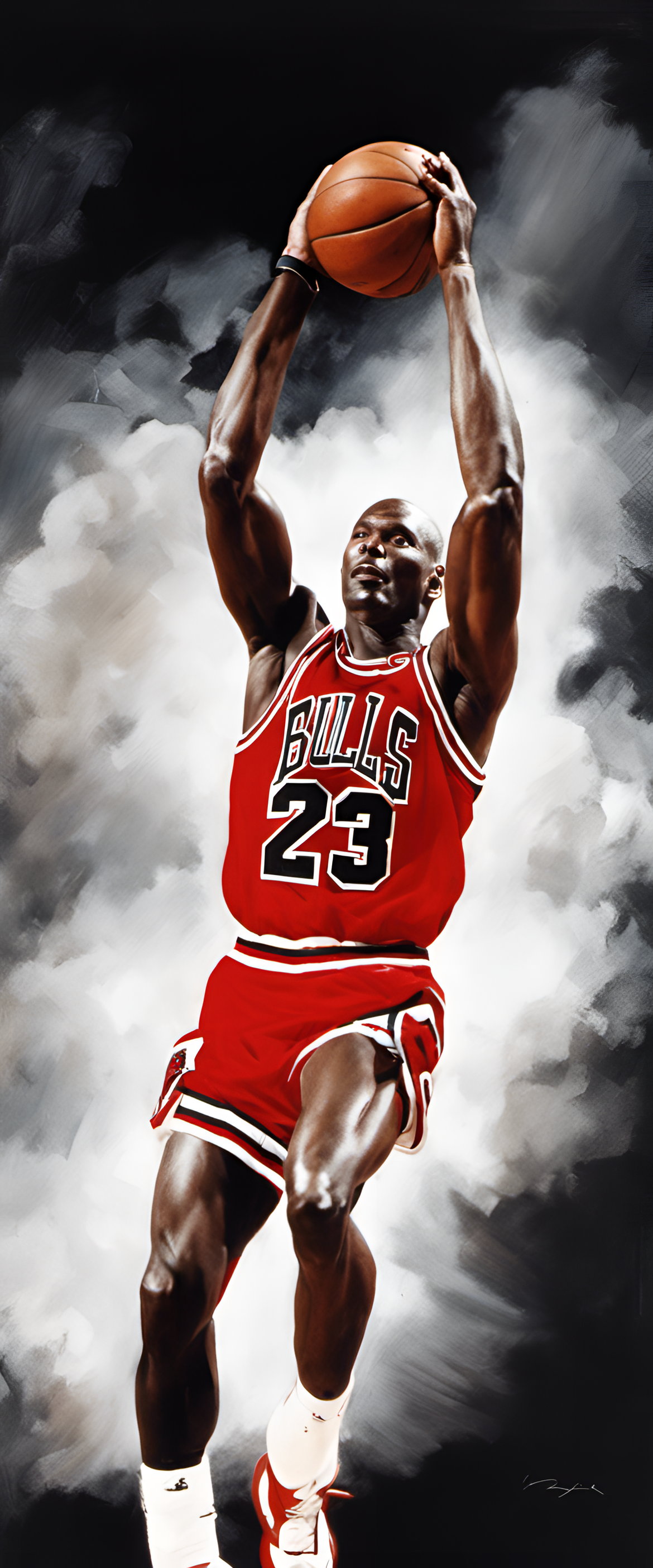 Michael Jordan soaring through the air in a basketball game, displaying his incredible athleticism and finesse.