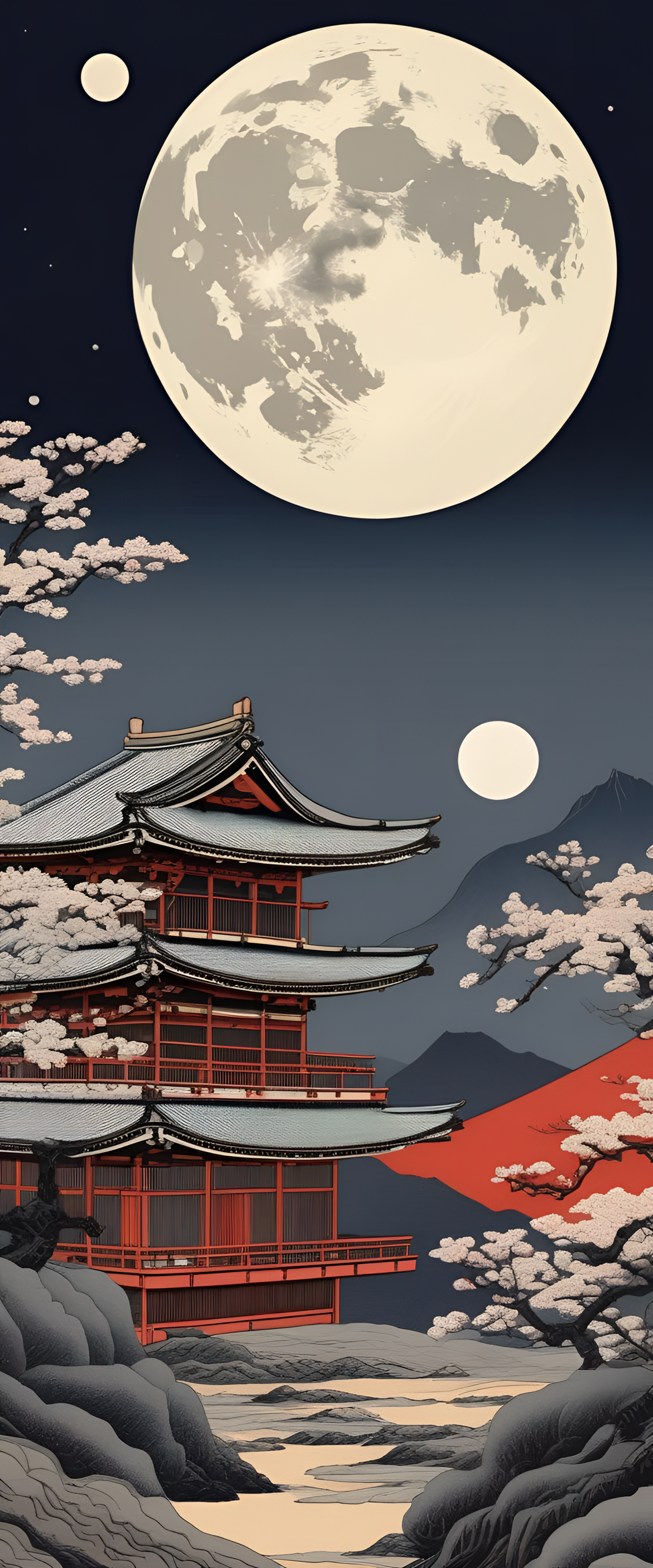 Enchanting moon illuminated over a serene landscape in the style of Ukiyo-e art.