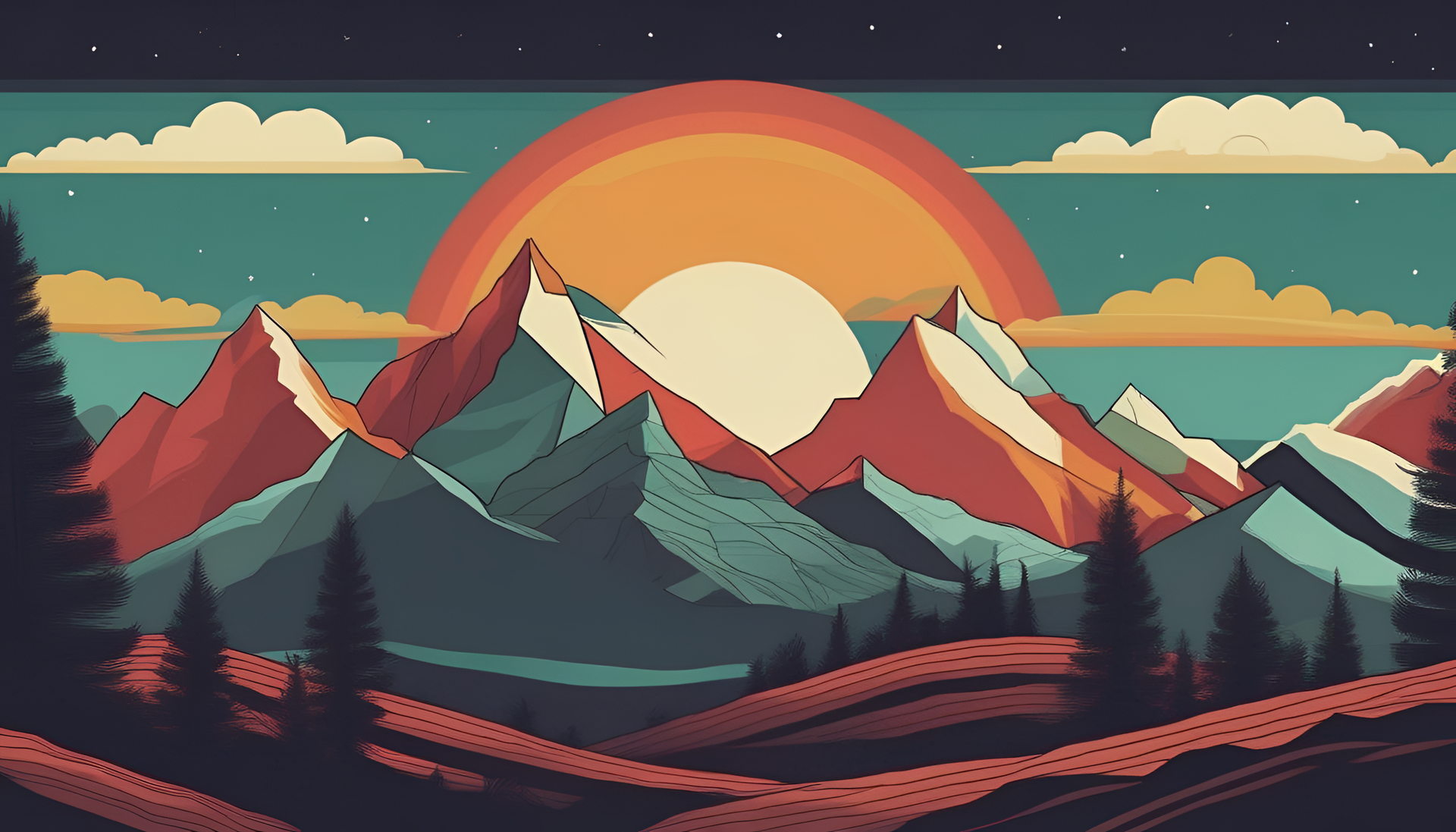 Retro mountain landscape with vibrant colors