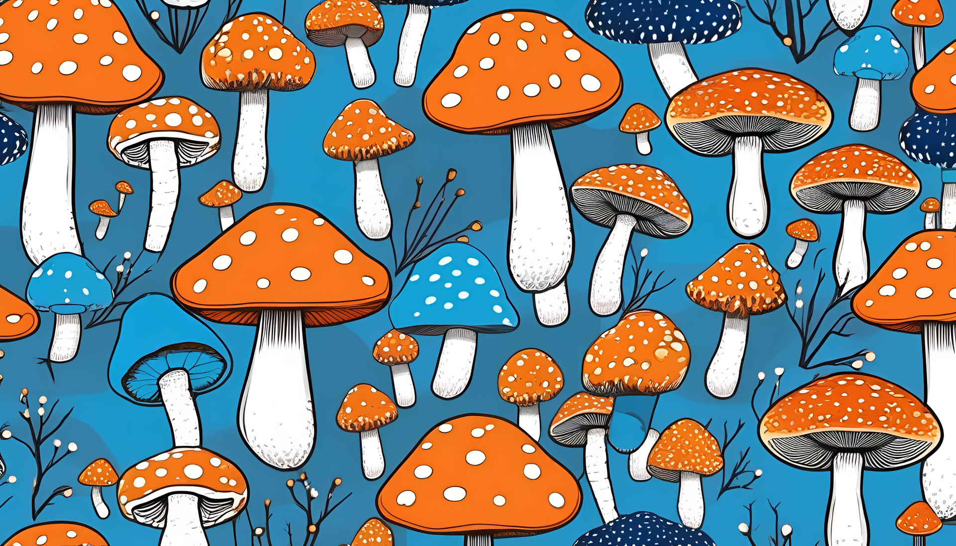 Vibrant blue and orange mushroom wallpaper.