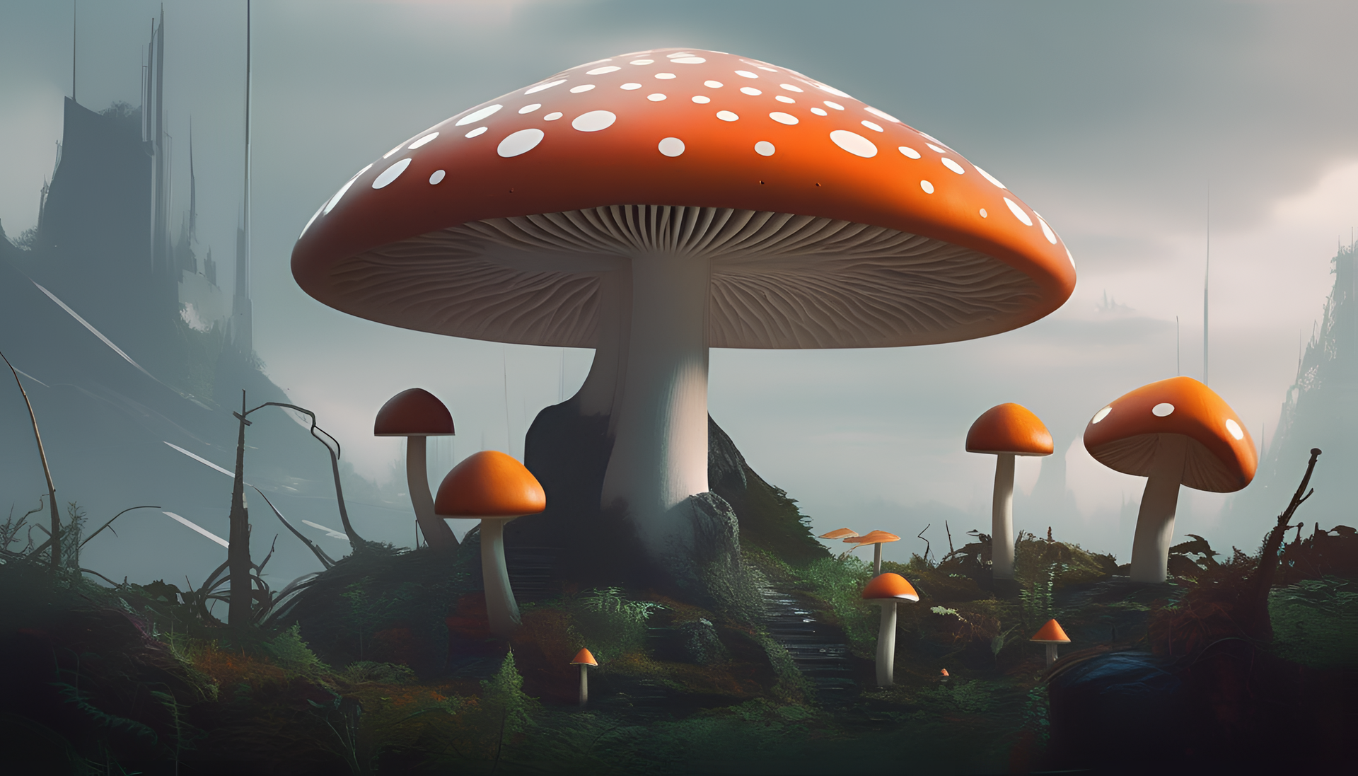 Futuristic mushroom in a vibrant desktop wallpaper.