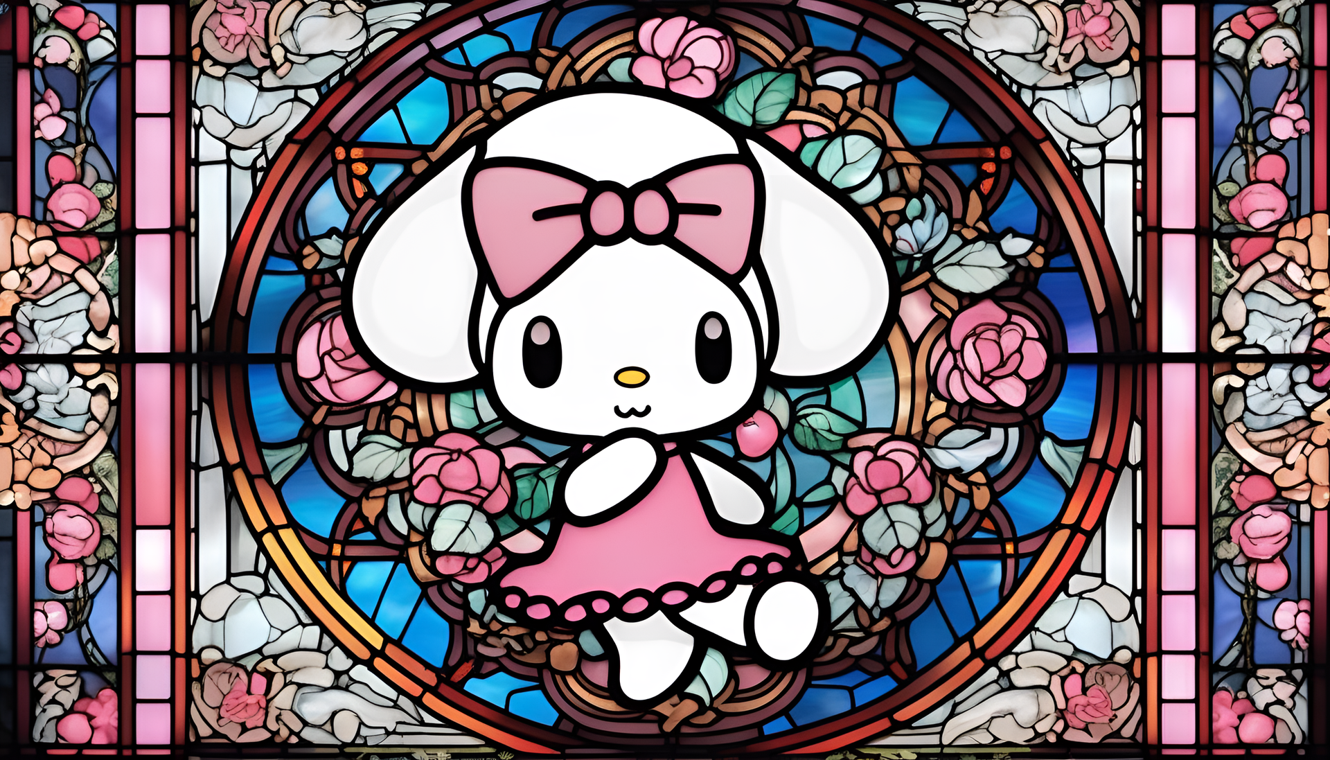 Colorful stained glass art featuring My Melody character.