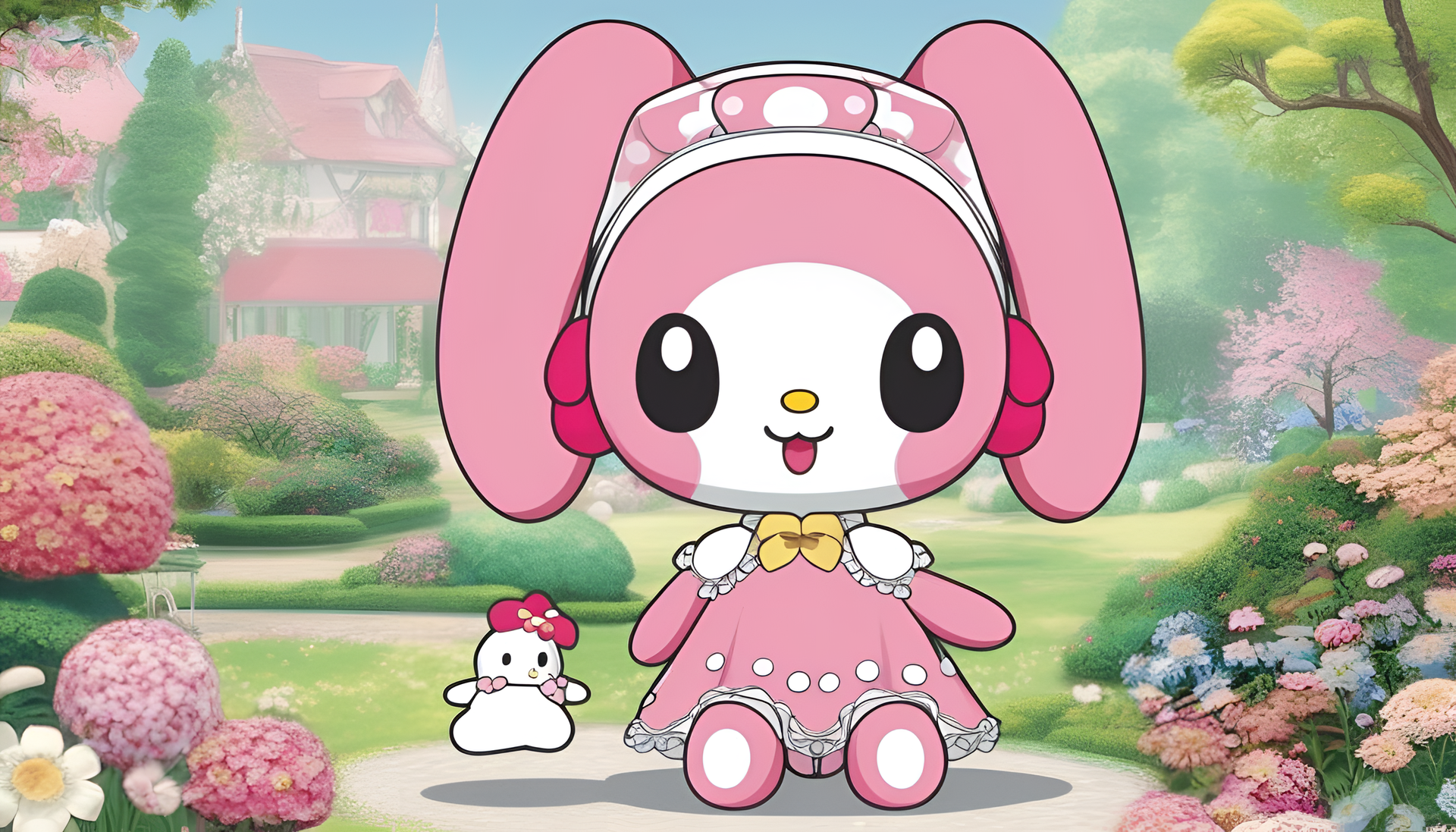 My Melody, a beloved character, sitting against a colorful background with flowers.