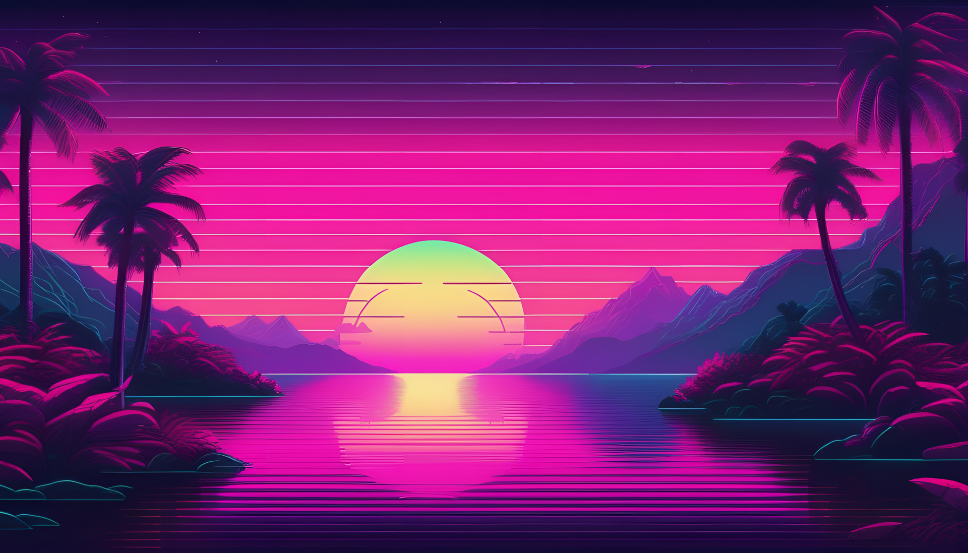 Colorful retro landscape featuring a serene nature scene with vibrant hues and a nostalgic vibe.