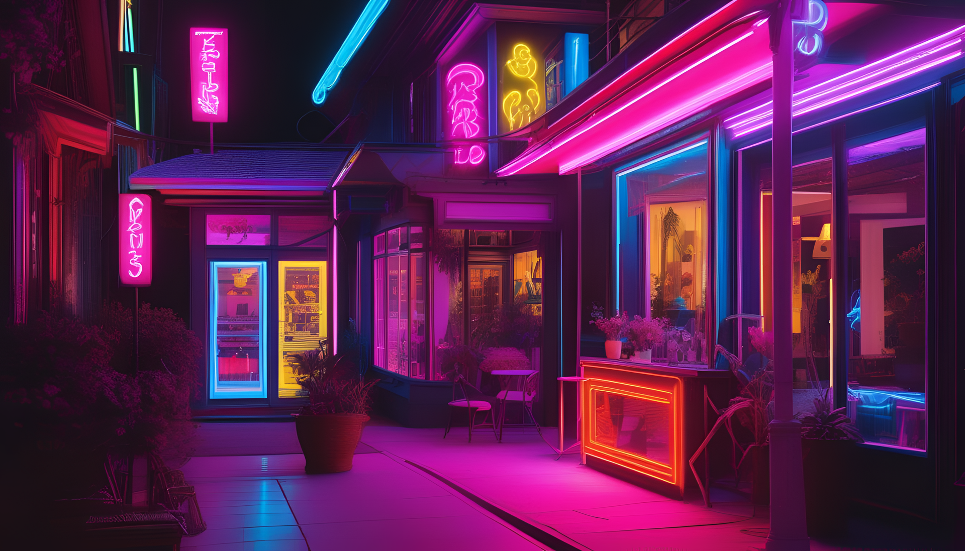 Vibrant neon lights illuminating a dark city street.