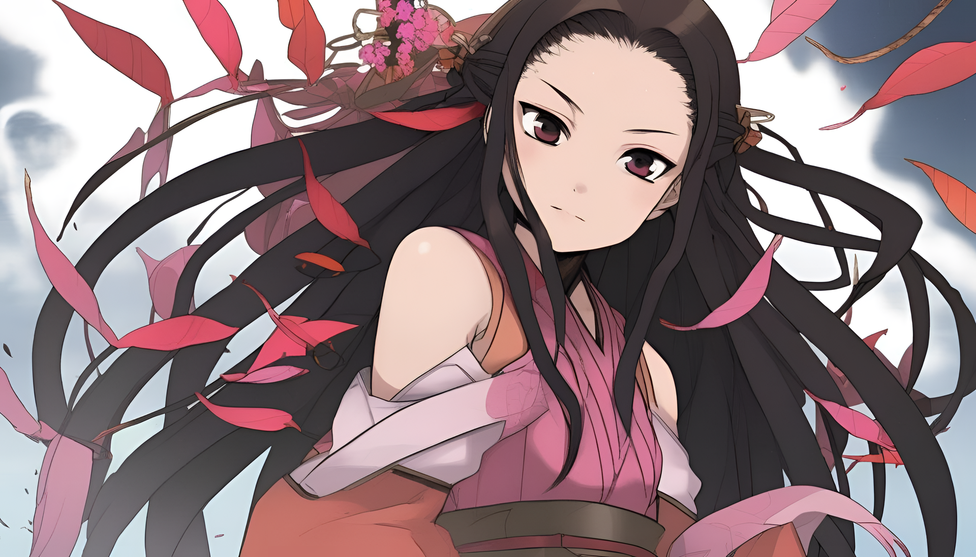 Nezuko wearing a kimono and holding a bamboo muzzle, surrounded by cherry blossom trees.