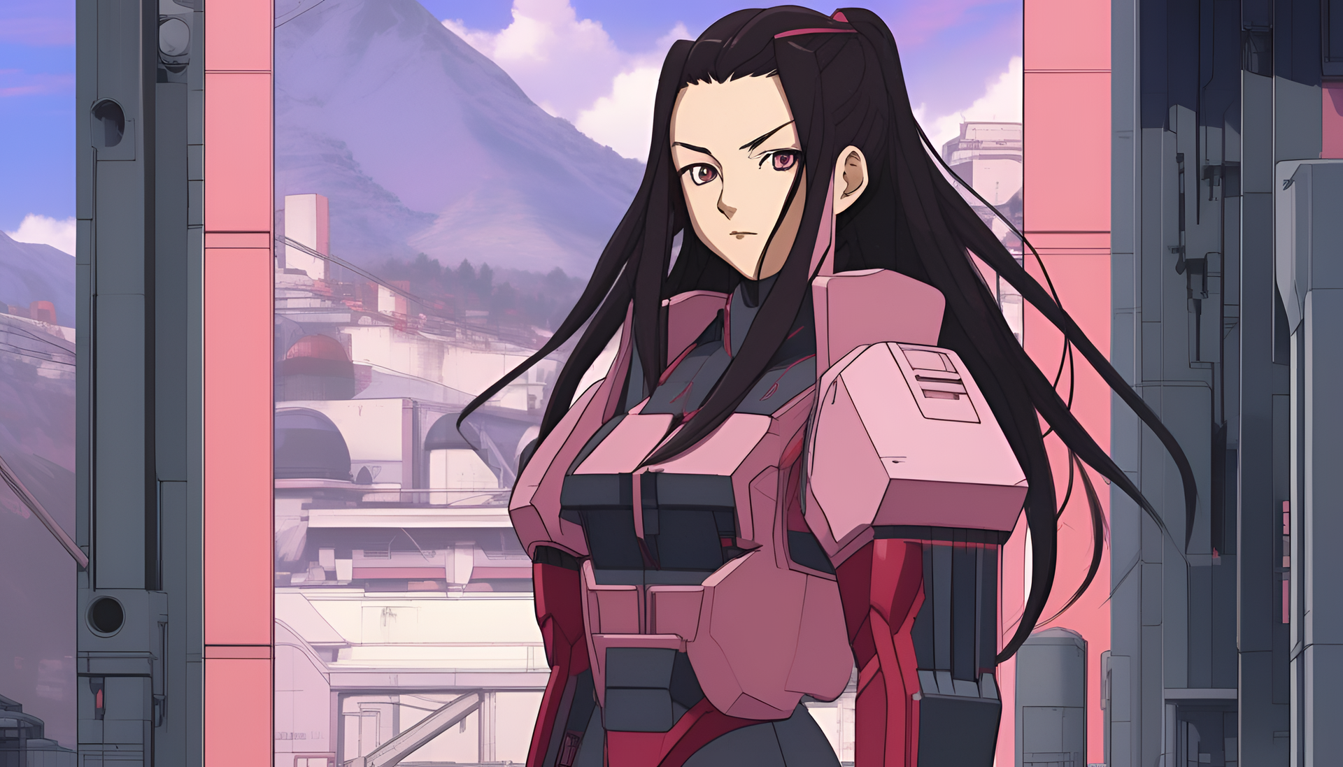 Nezuko in dynamic 90's mech anime style, her fierce gaze captures attention.