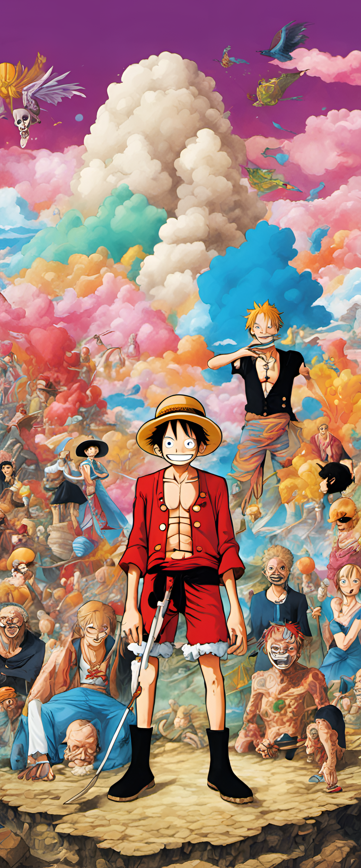 Colorful surrealist artwork featuring characters from One Piece.