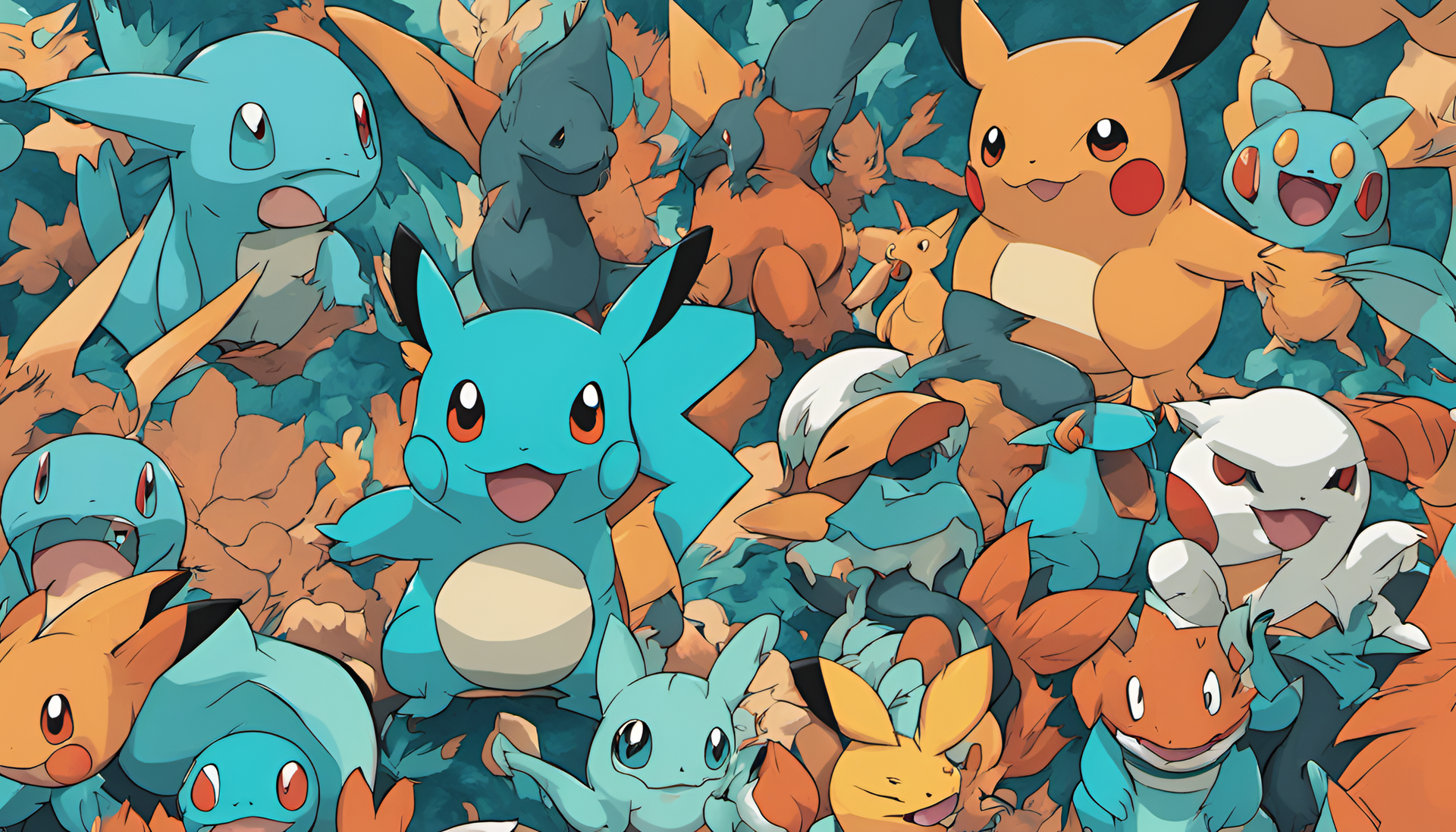 Vibrant turquoise and orange Pokémon wallpaper: featuring various Pokémon characters.