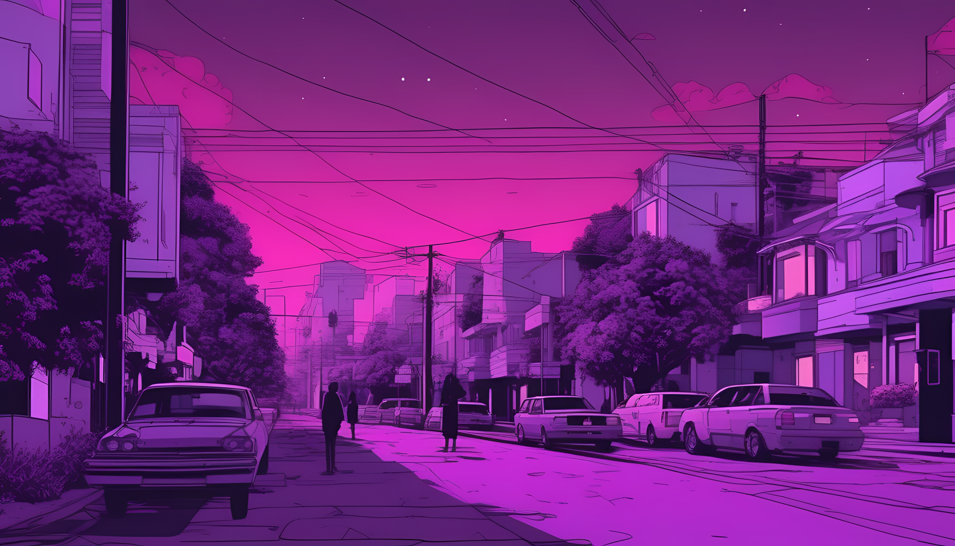 A purple aesthetic wallpaper with a visually pleasing rotoscope animation style.