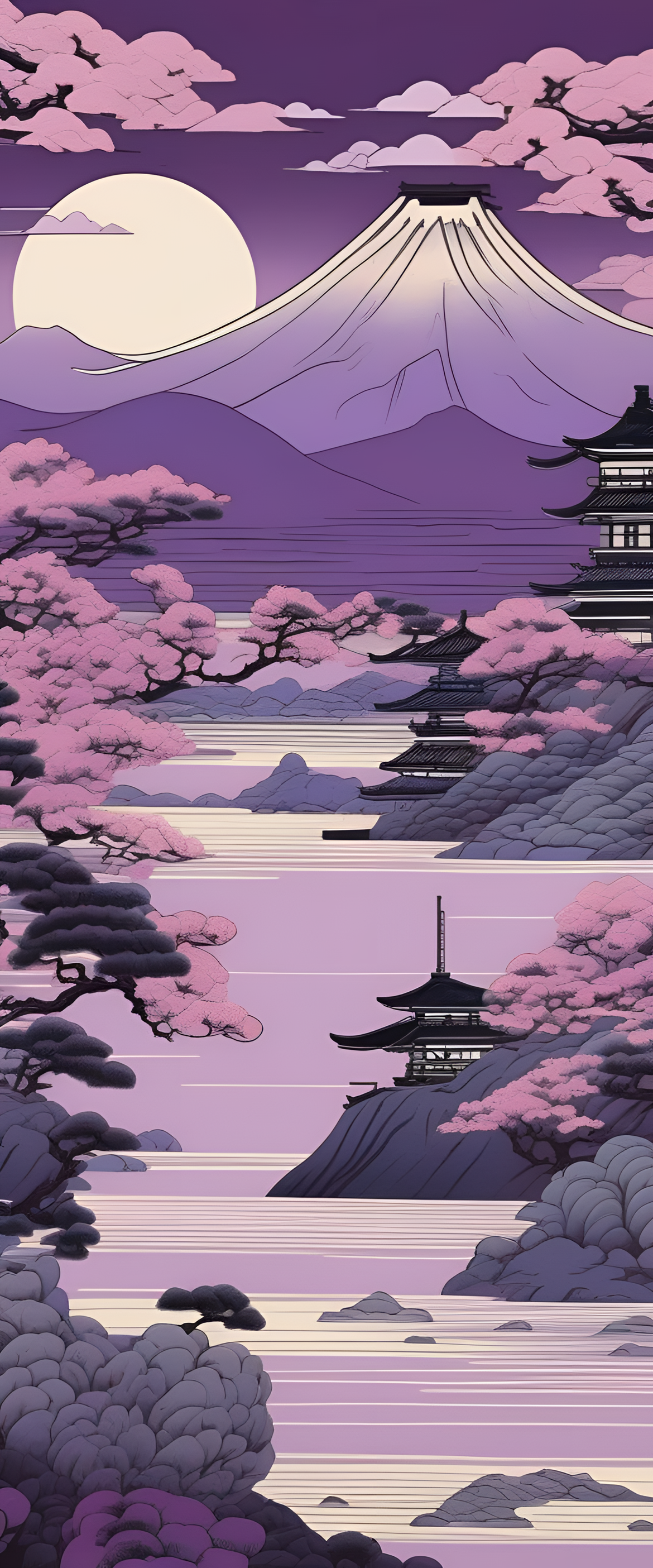 Vibrant purple Ukiyo-e style artwork featuring intricate details.