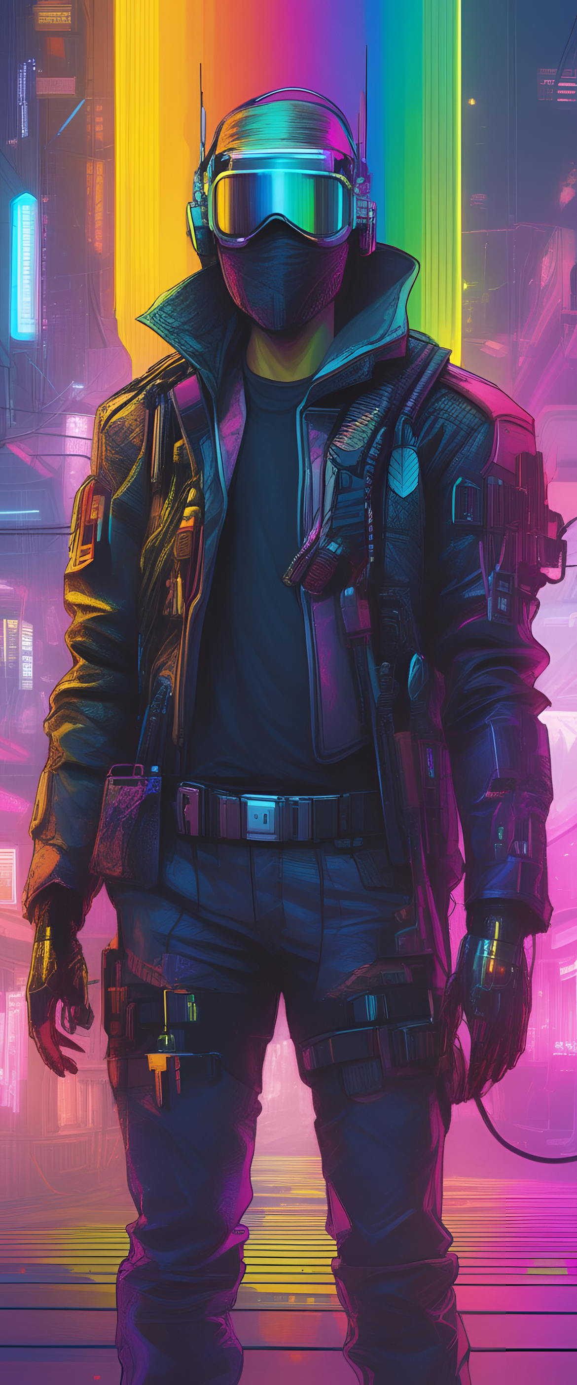 Vibrant cyberpunk rainbow on a phone wallpaper.