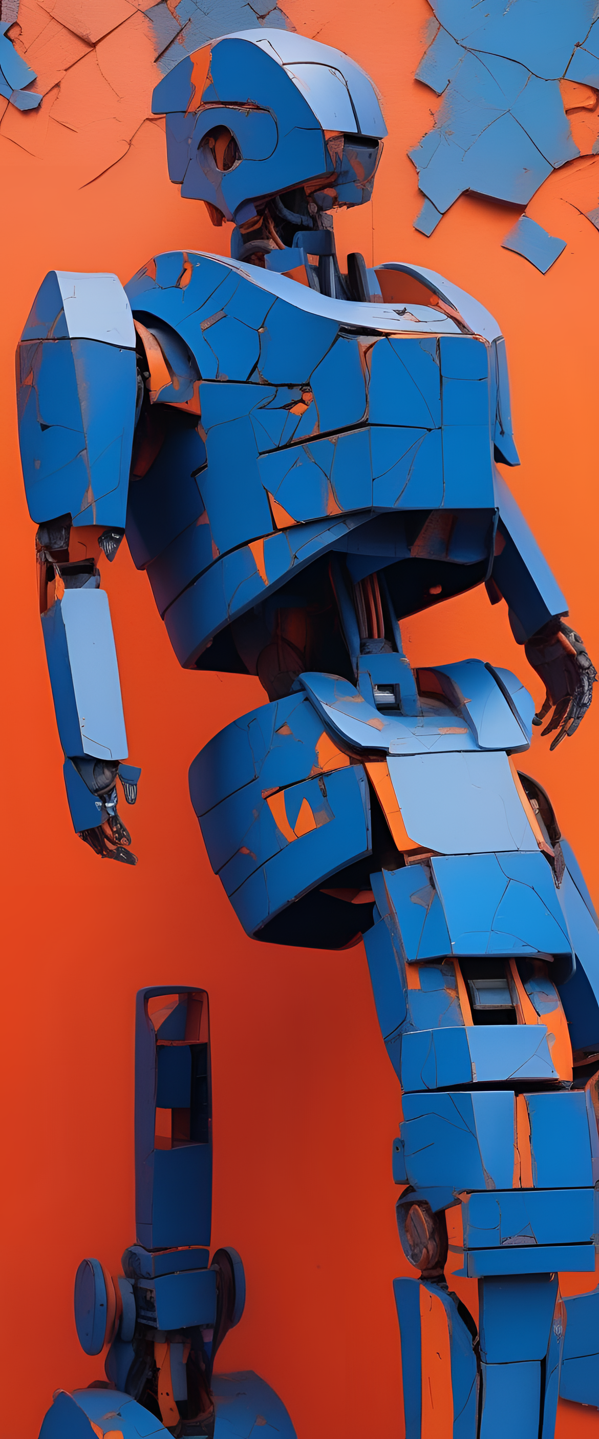 Cracked robotic sculpture on red background