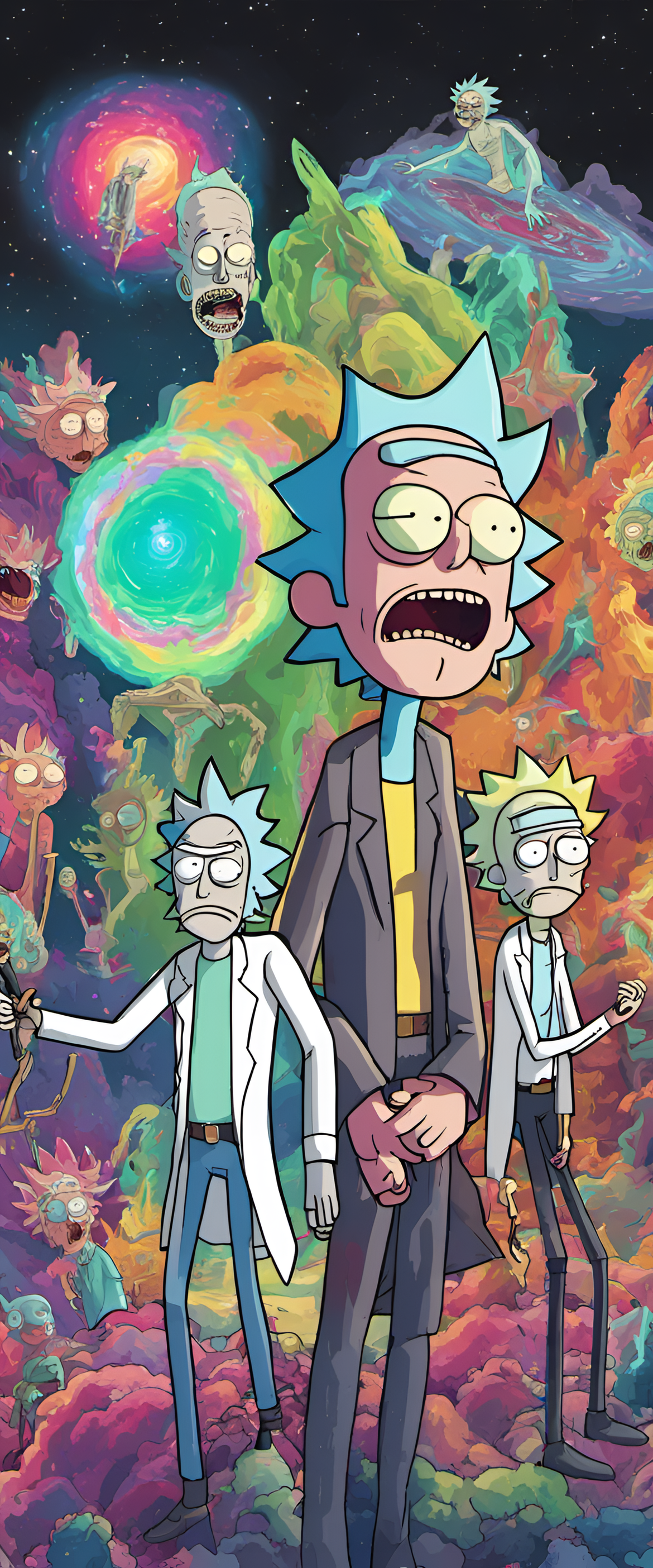 Colorful Rick and Morty wallpaper featuring dynamic characters in a wacky sci-fi adventure.