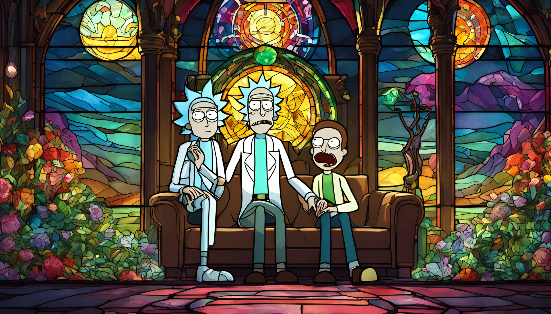 Rick and Morty in a stunning stained glass design with cinematic lighting - a HD desktop wallpaper.