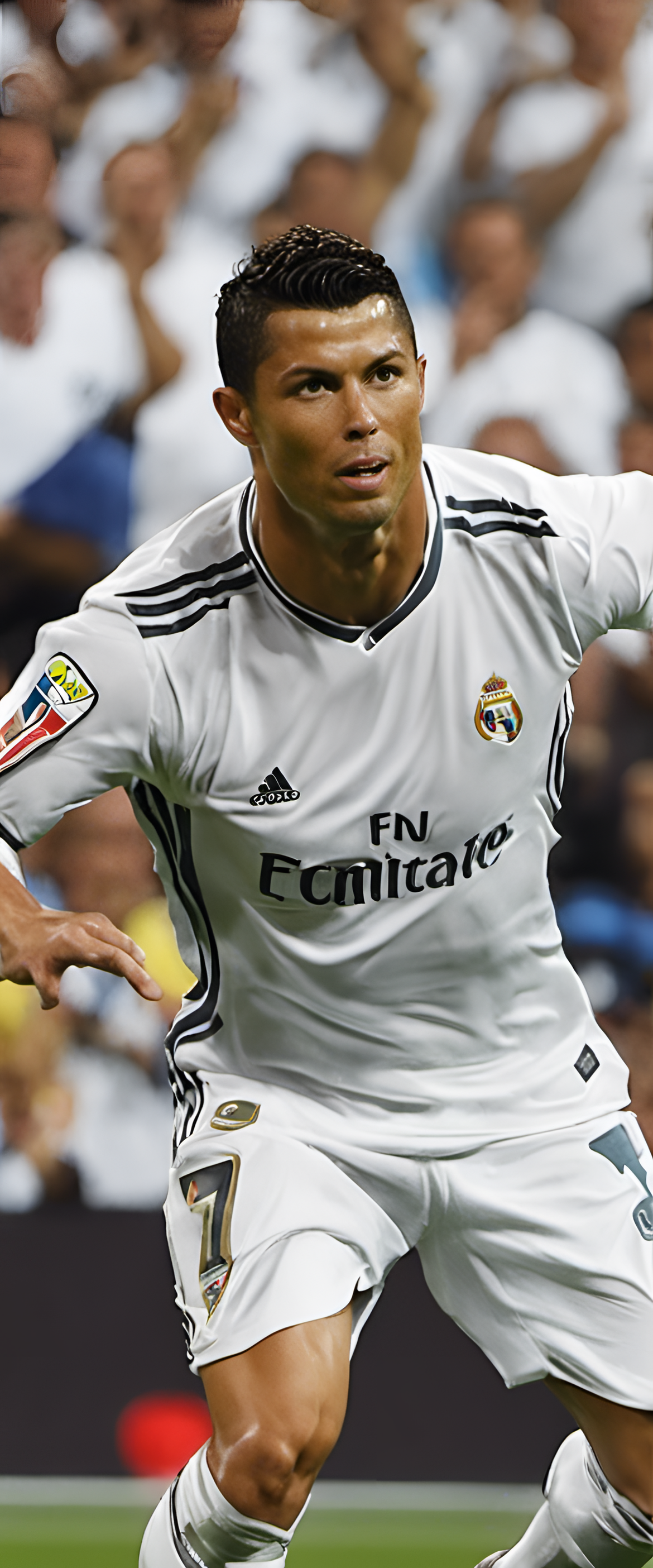 Cristiano Ronaldo in a dynamic pose showcasing his skills and athleticism on a digital phone wallpaper.