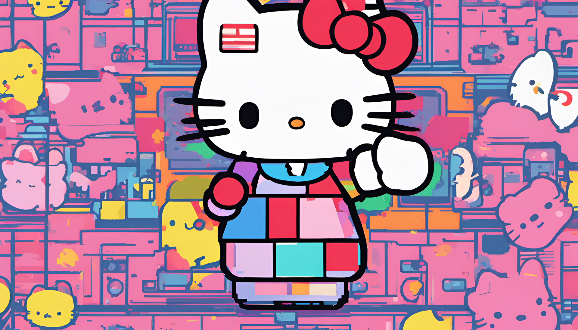 Glitched Sanrio character in vibrant colors.