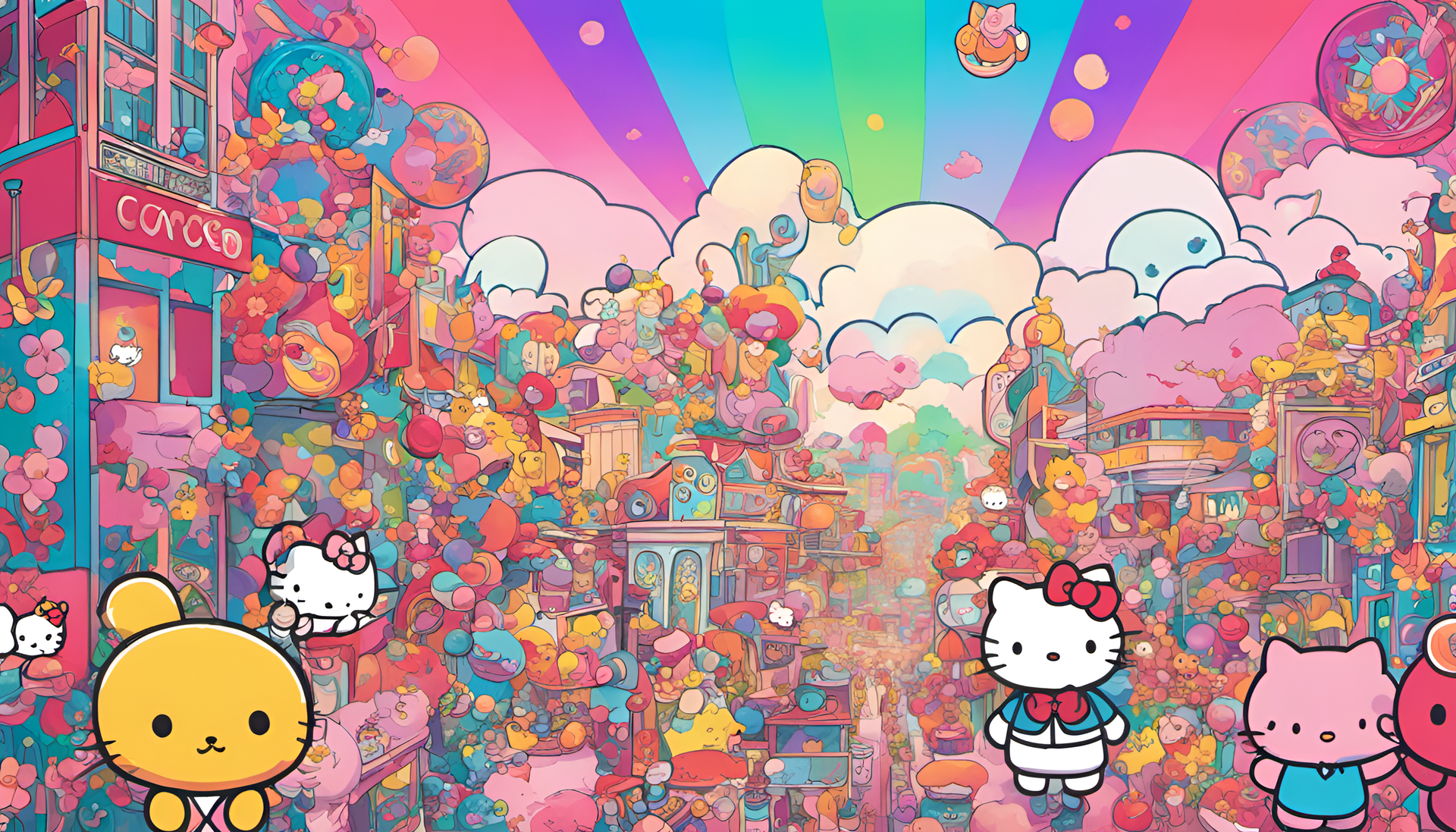 Transcendental Sanrio with vibrant background