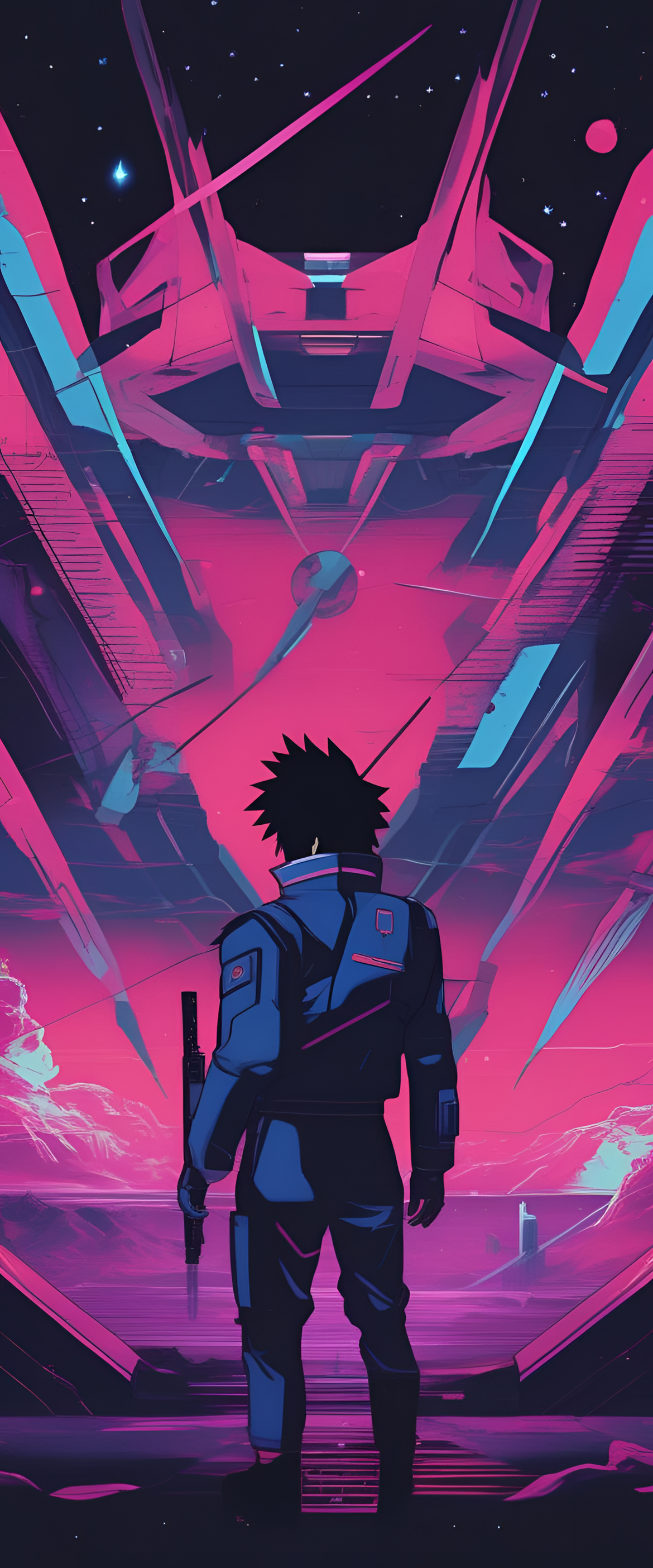 80's sci-fi style Sasuke wallpaper with vibrant colors and futuristic elements.