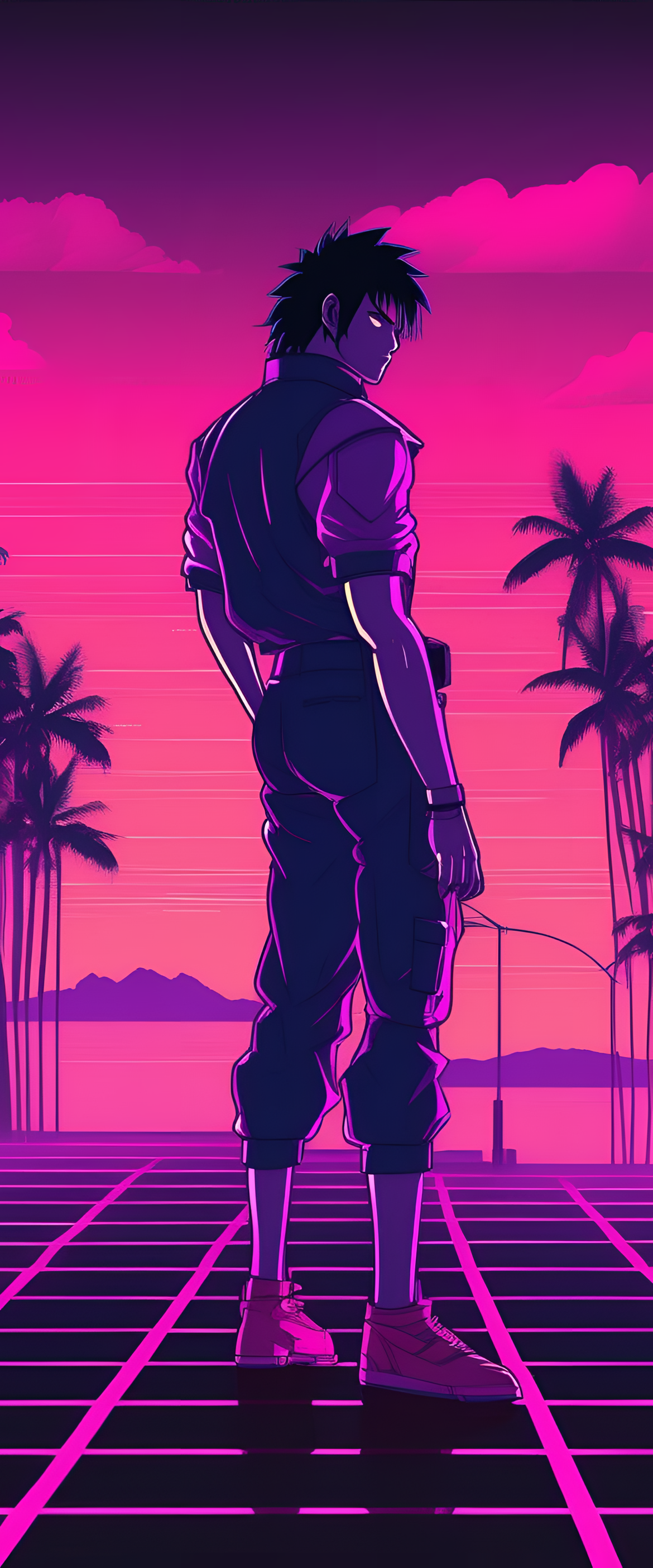 Sasuke in a stylish 80s Miami synthwave wallpaper